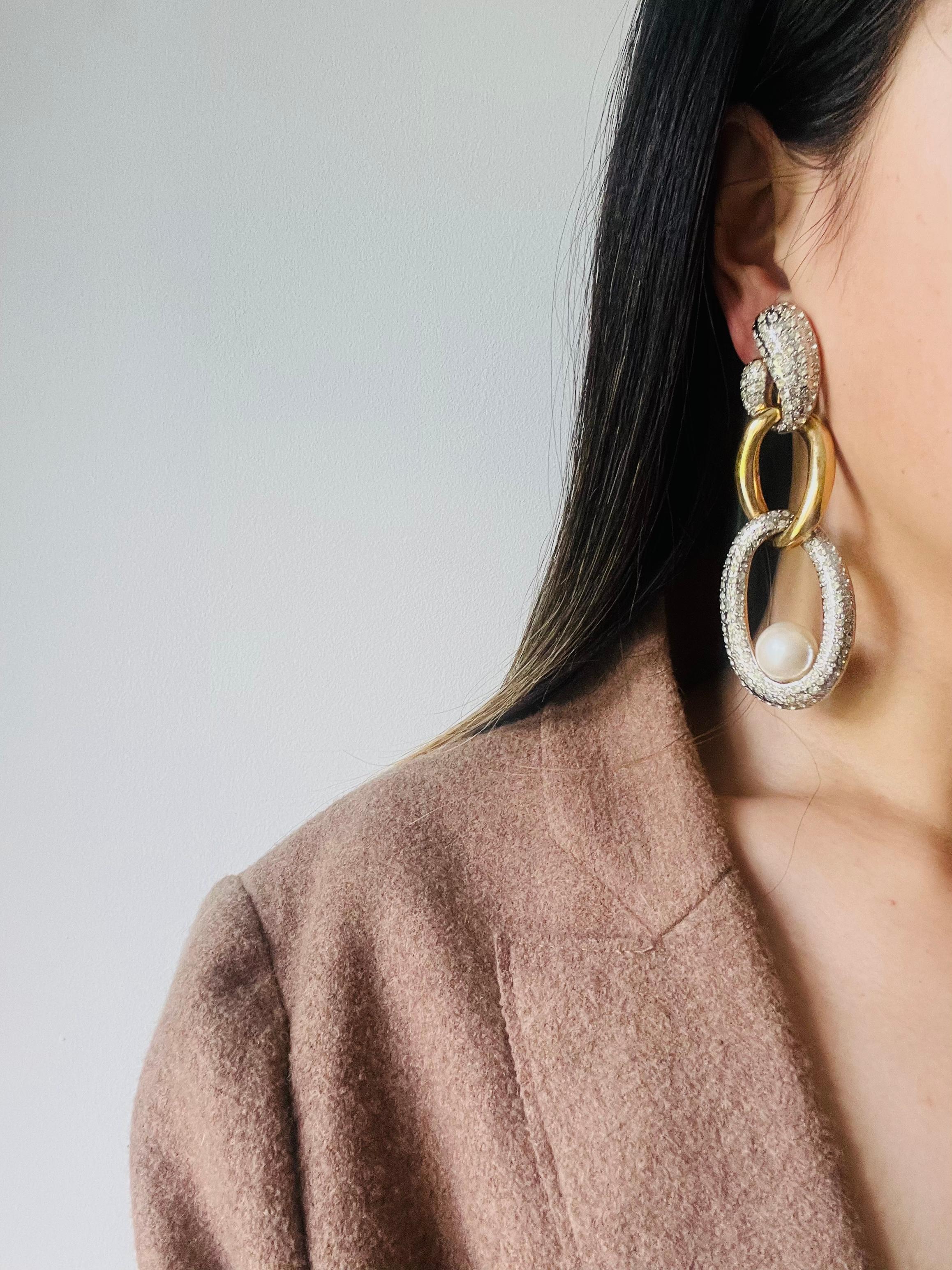 Valentino Vintage Extra Long Trio Interlocked Hoop Crystals Pearl Drop Earrings 2