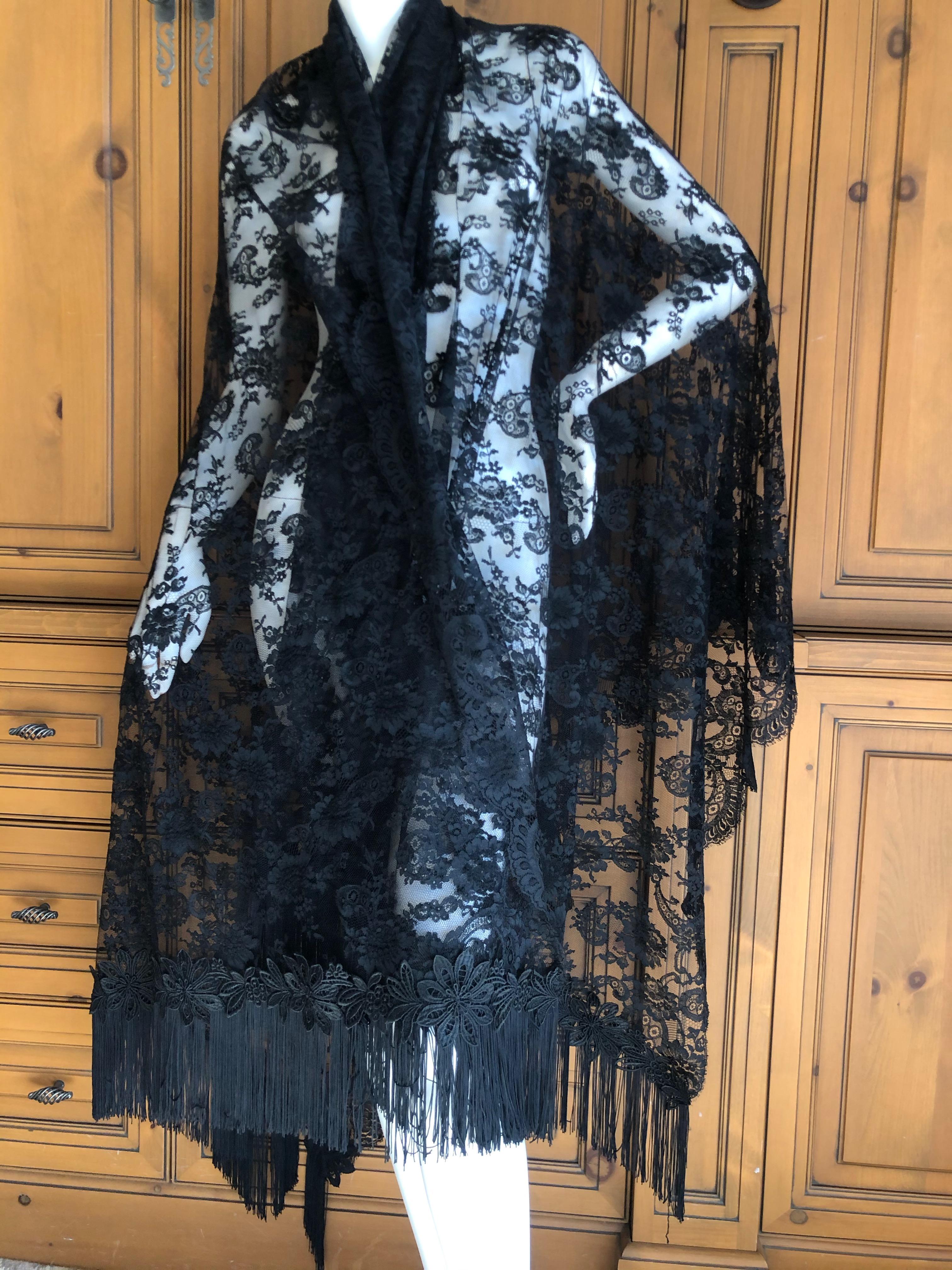 Valentino Vintage Fringed Black Lace Evening Shawl In Excellent Condition In Cloverdale, CA