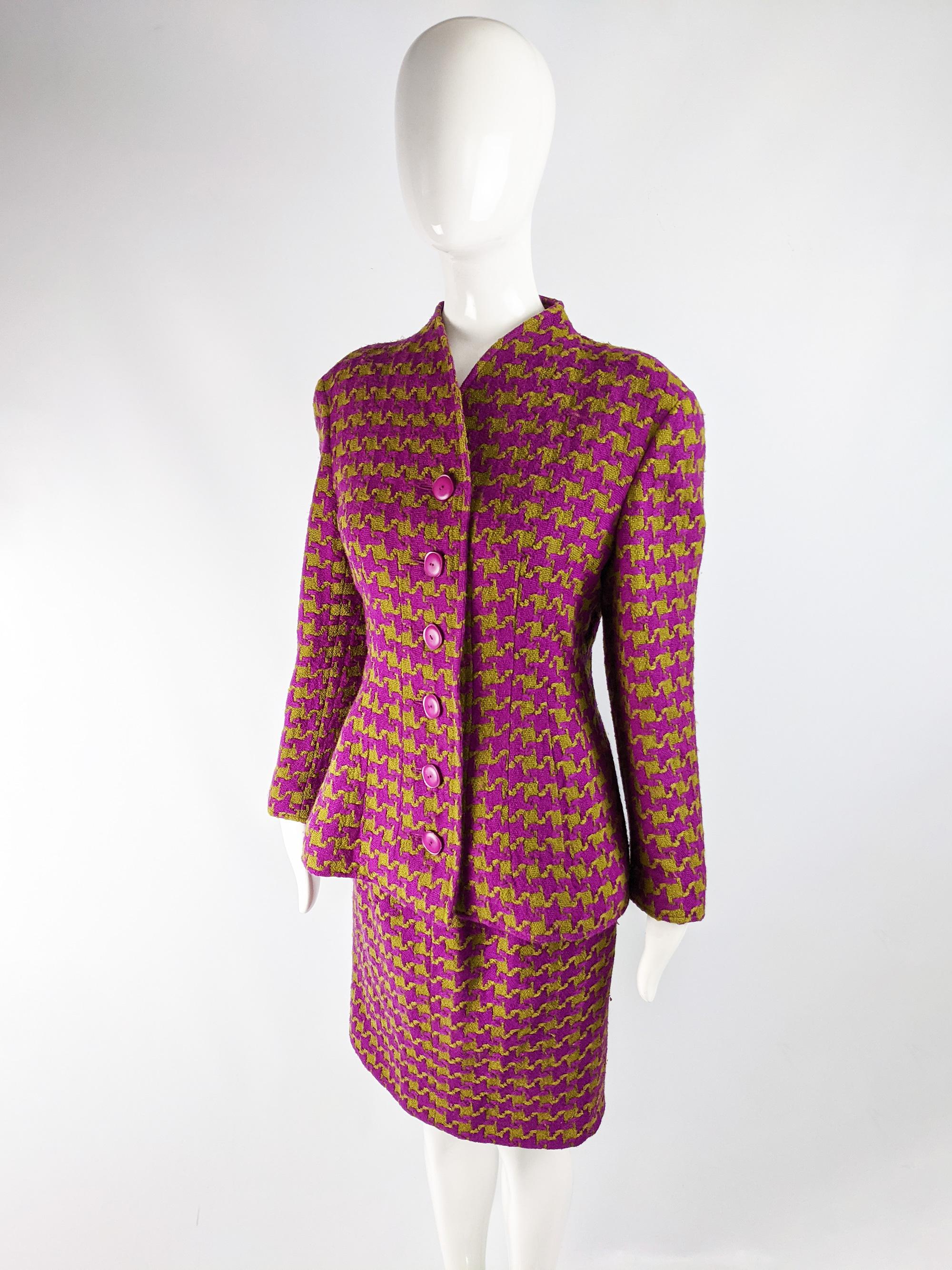 Pink Valentino Vintage Fuchsia & Green Wool Skirt Suit
