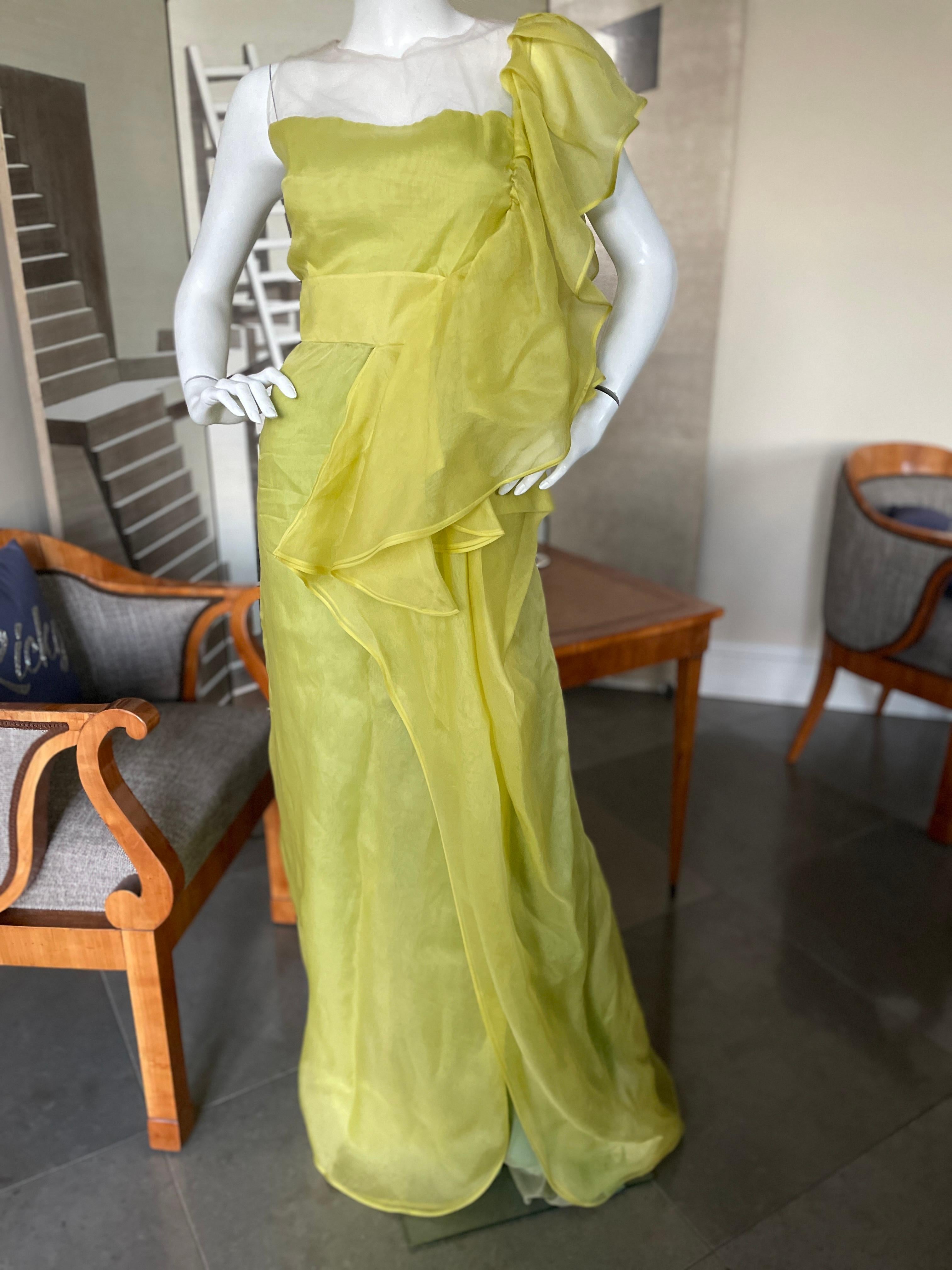 Valentino Vintage Green Silk Evening Dress with Sheer Bodice and Grand Ruff For Sale 5