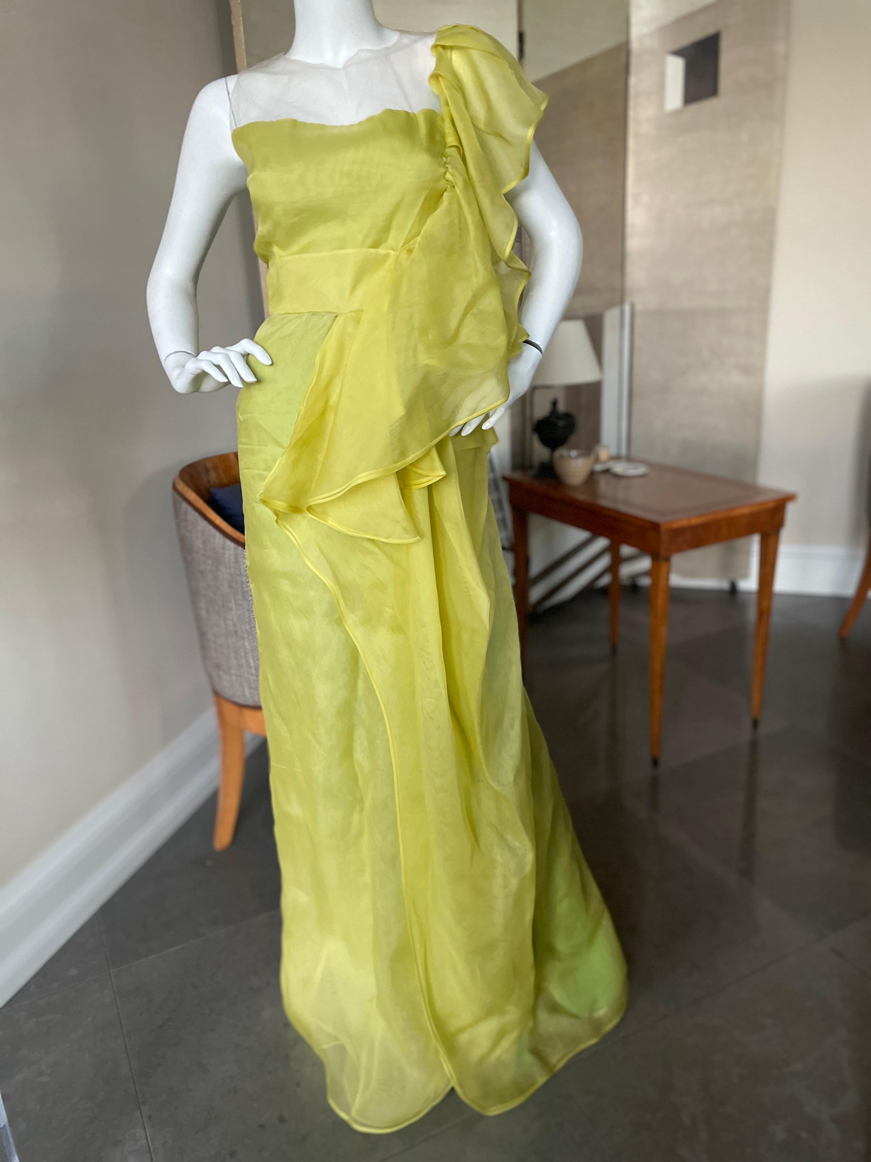 Valentino Vintage Green Silk Evening Dress with Sheer Bodice and Grand Ruff For Sale 9