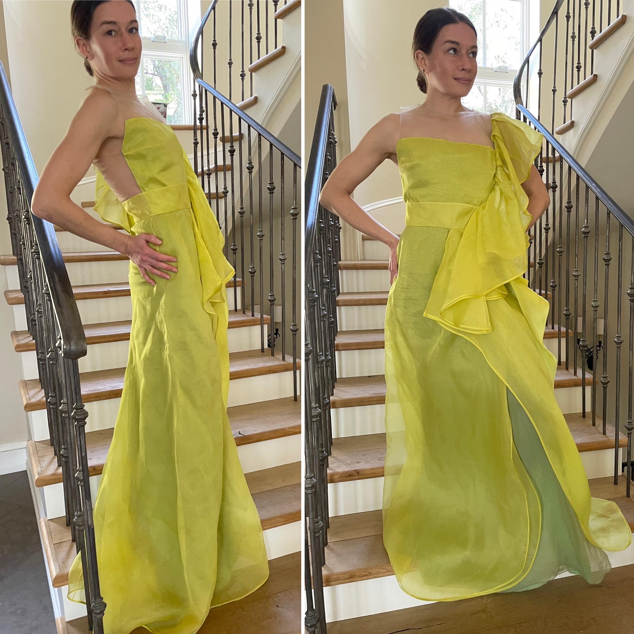 Brown Valentino Vintage Green Silk Evening Dress with Sheer Bodice and Grand Ruff For Sale