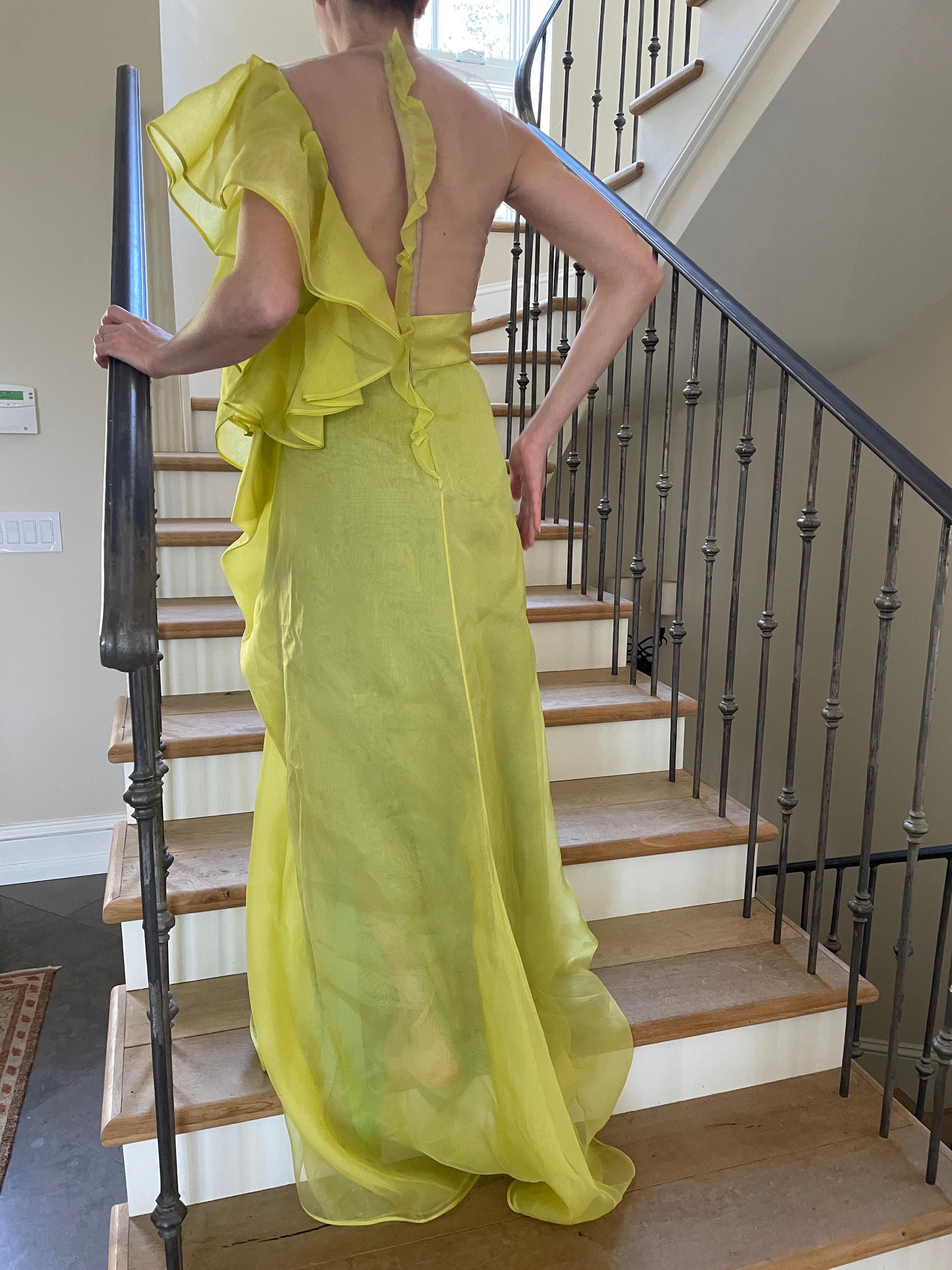Women's Valentino Vintage Green Silk Evening Dress with Sheer Bodice and Grand Ruff For Sale