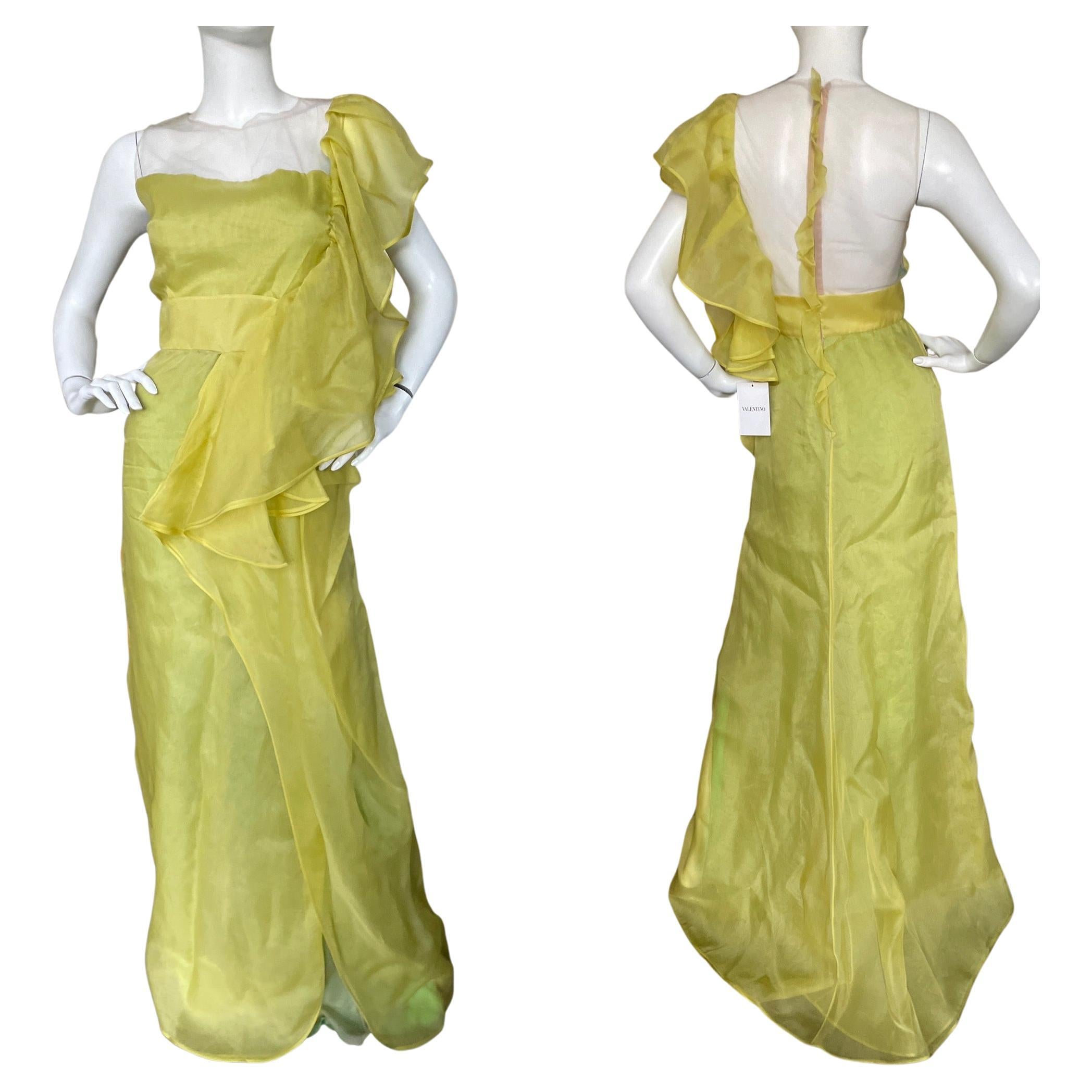 Valentino Vintage Green Silk Evening Dress with Sheer Bodice and Grand Ruff For Sale