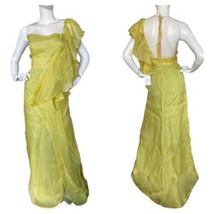 Valentino Vintage Green Silk Evening Dress with Sheer Bodice and Grand Ruff