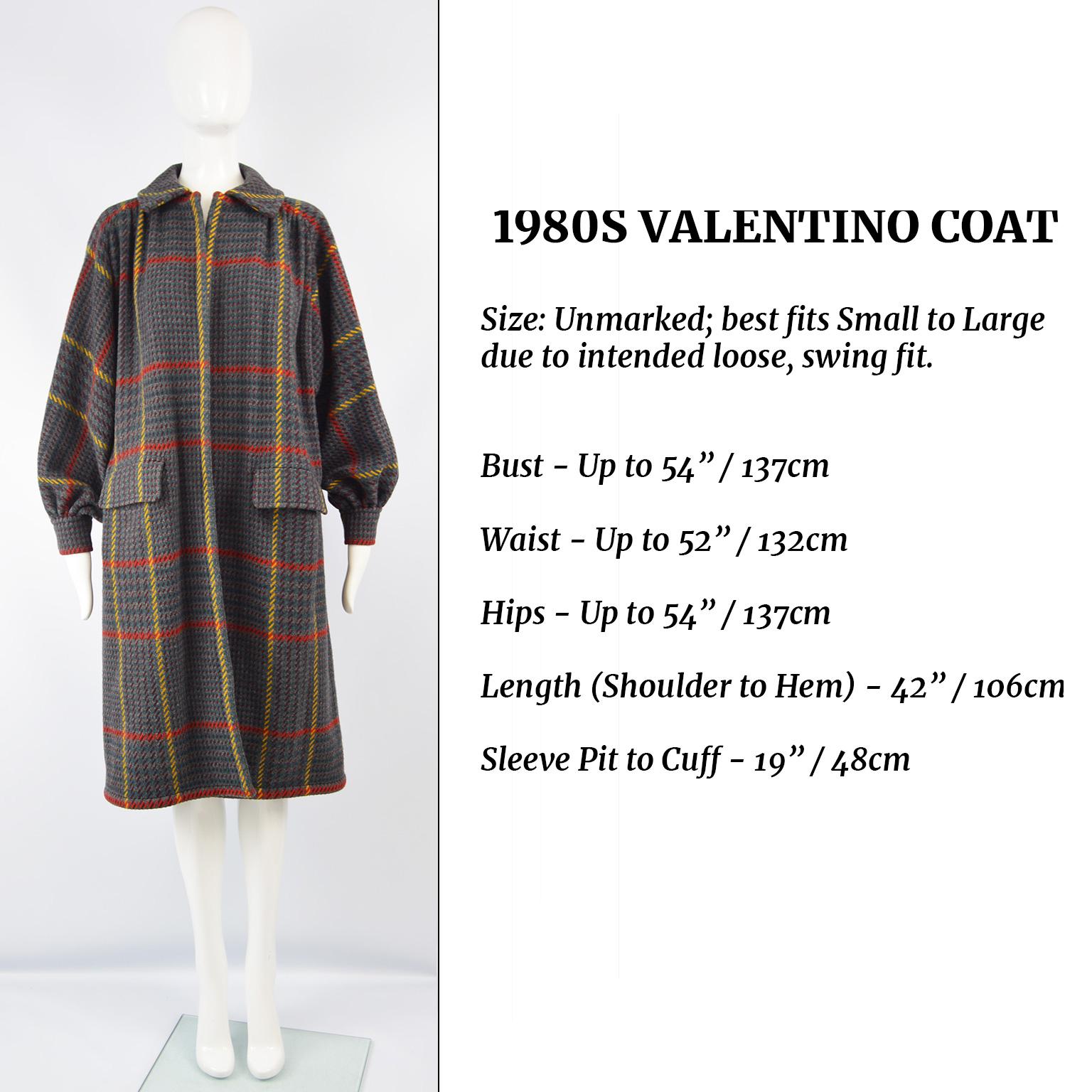 Valentino Vintage Grey Checked Wool Oversized Gathered Back Coat, 1980s 6