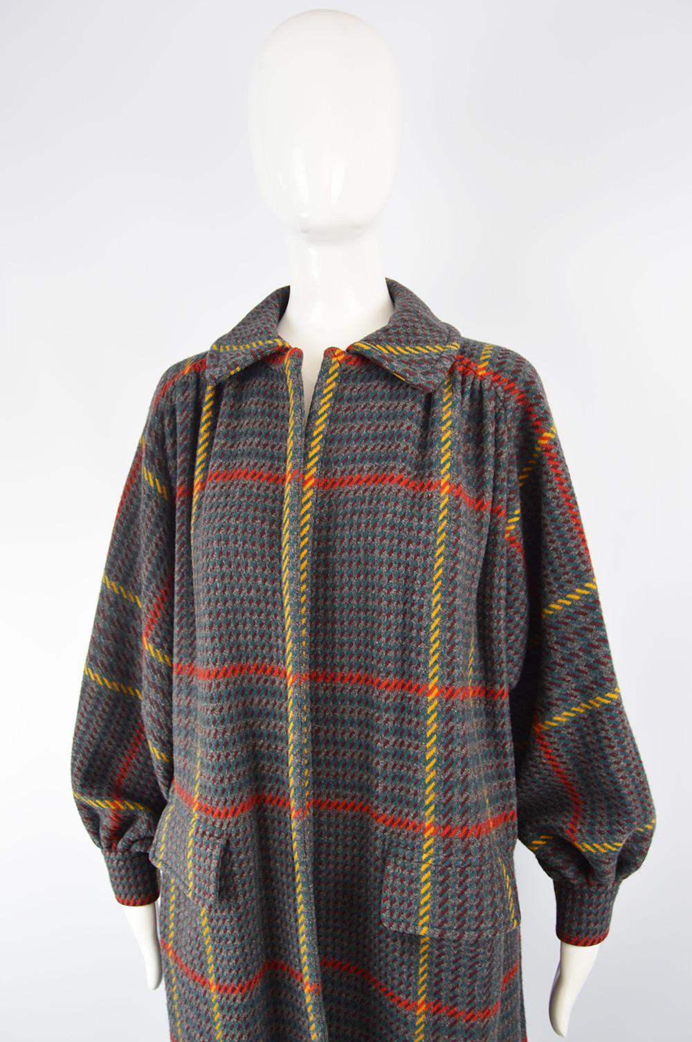 Black Valentino Vintage Grey Checked Wool Oversized Gathered Back Coat, 1980s For Sale