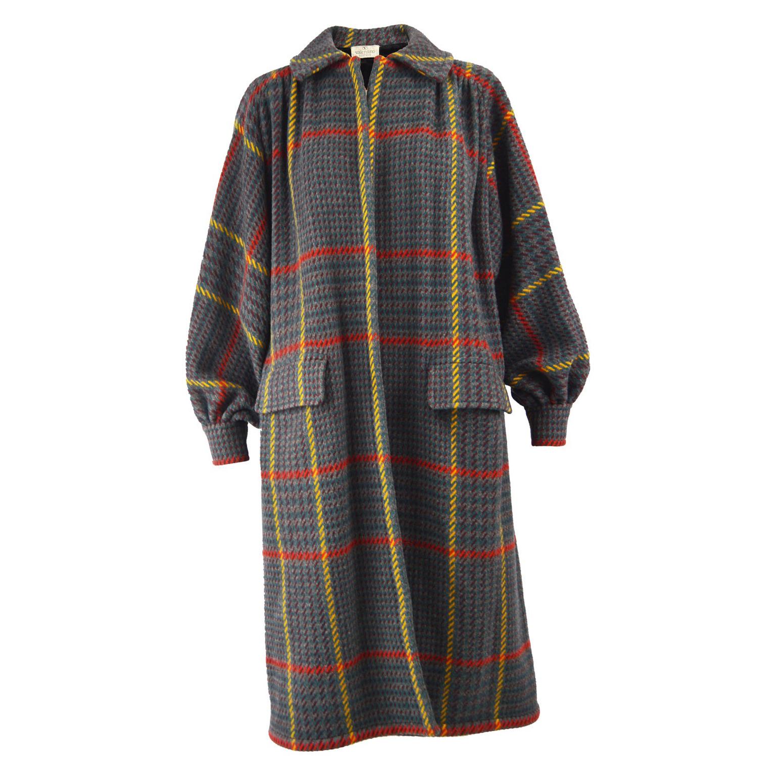 Valentino Vintage Grey Checked Wool Oversized Gathered Back Coat, 1980s For Sale
