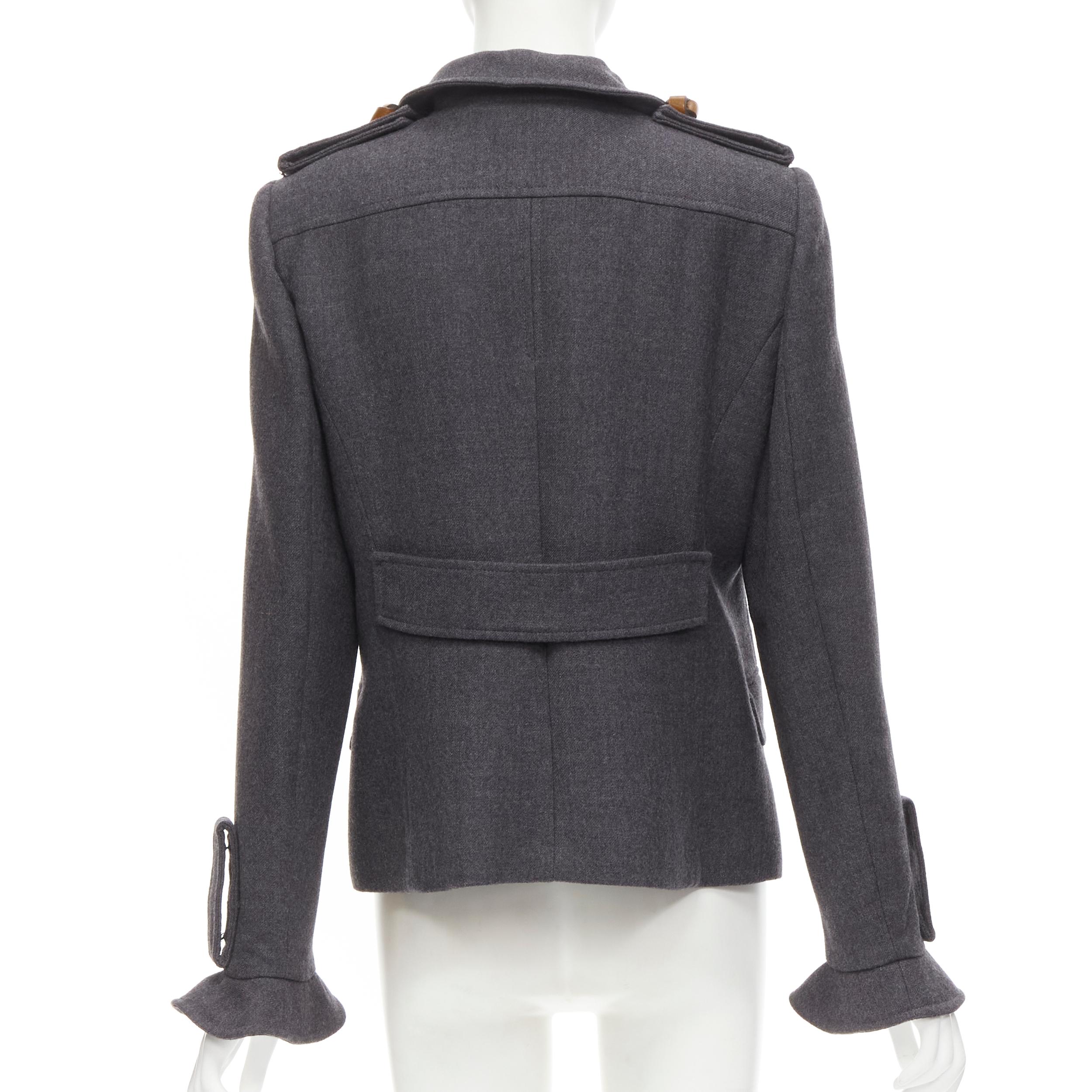 Black VALENTINO Vintage grey virgin wool ruffle collar military detail jacket IT46 L For Sale