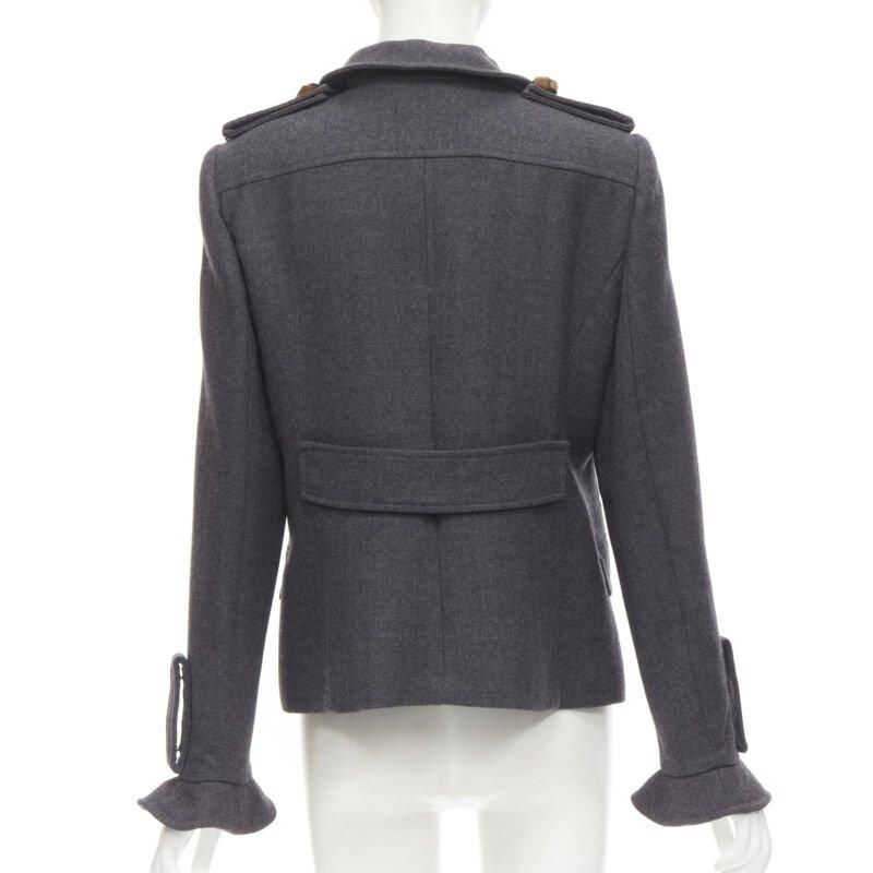 VALENTINO Chaqueta gris vintage de lana virgen con cuello de volante y detalle militar IT46 L en venta 1