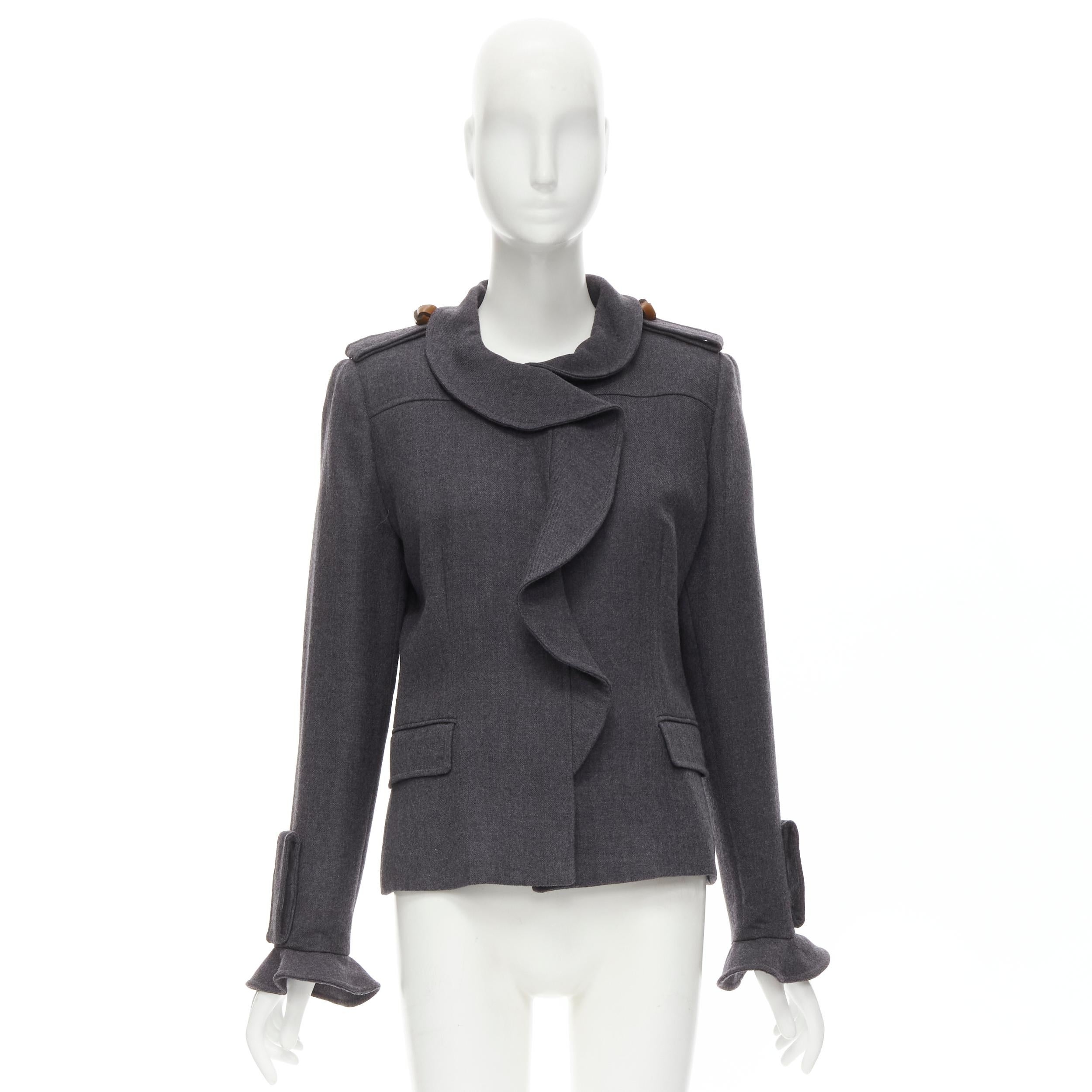 VALENTINO Vintage grey virgin wool ruffle collar military detail jacket IT46 L For Sale 3