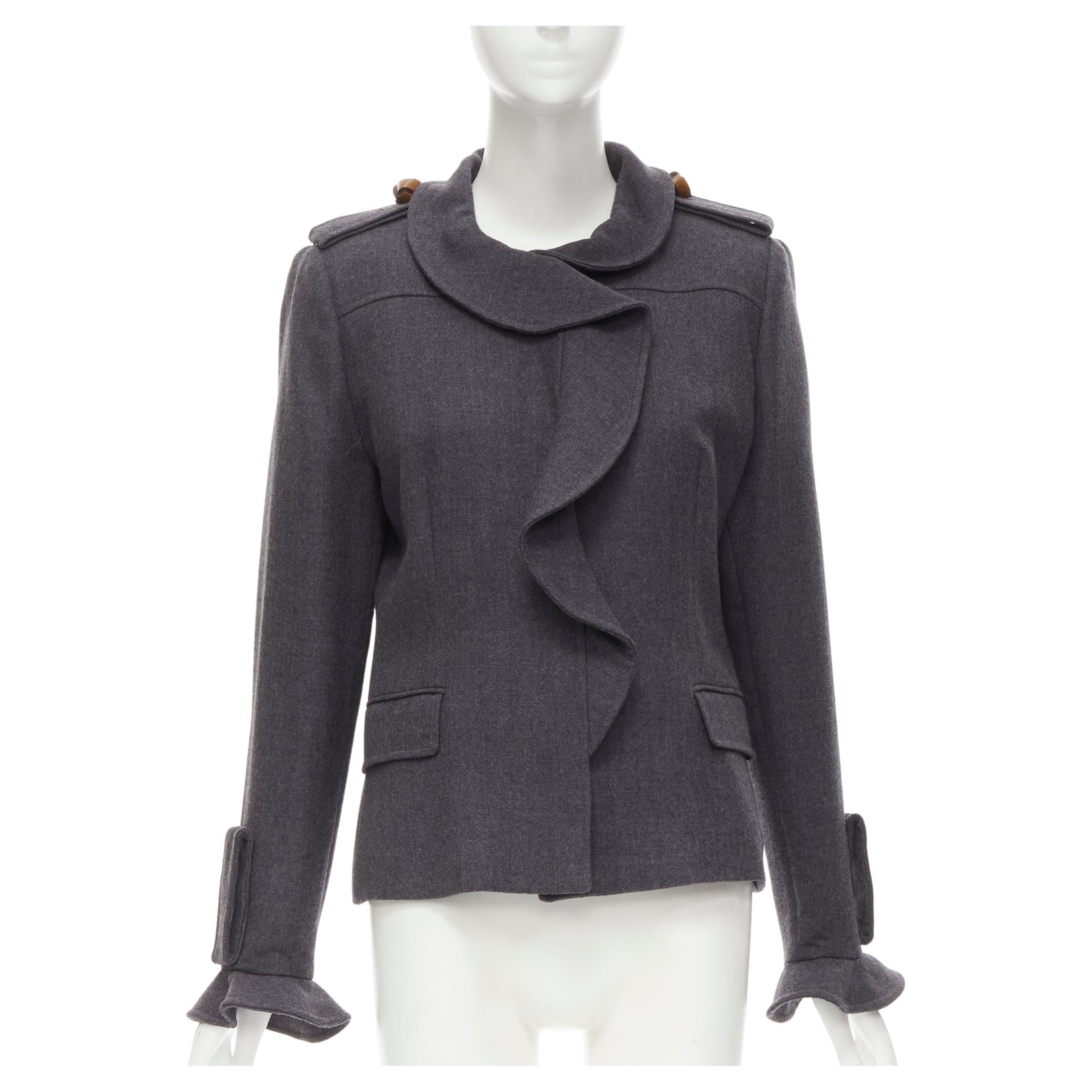 VALENTINO Vintage grey virgin wool ruffle collar military detail jacket IT46 L For Sale
