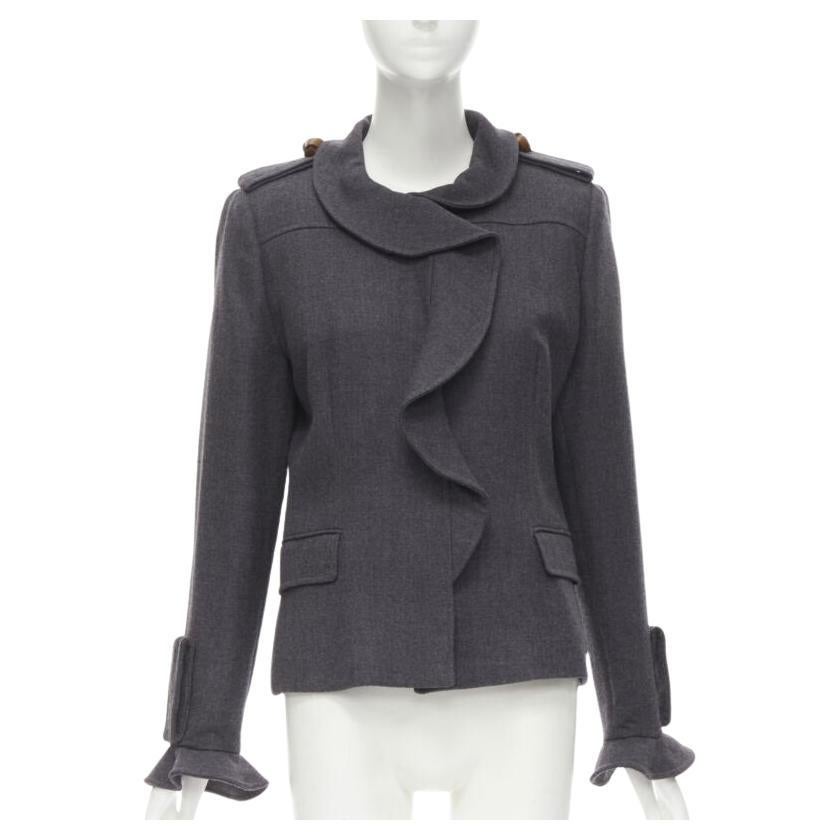VALENTINO Chaqueta gris vintage de lana virgen con cuello de volante y detalle militar IT46 L en venta