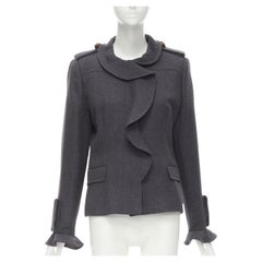 VALENTINO Vintage veste en laine vierge grise à col volant et détails militaires IT46 L