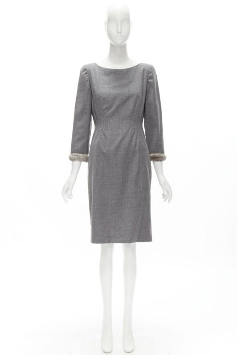 VALENTINO Vintage gris lana cachemira piel puño cintura pellizcado vestido US8 M en venta 6
