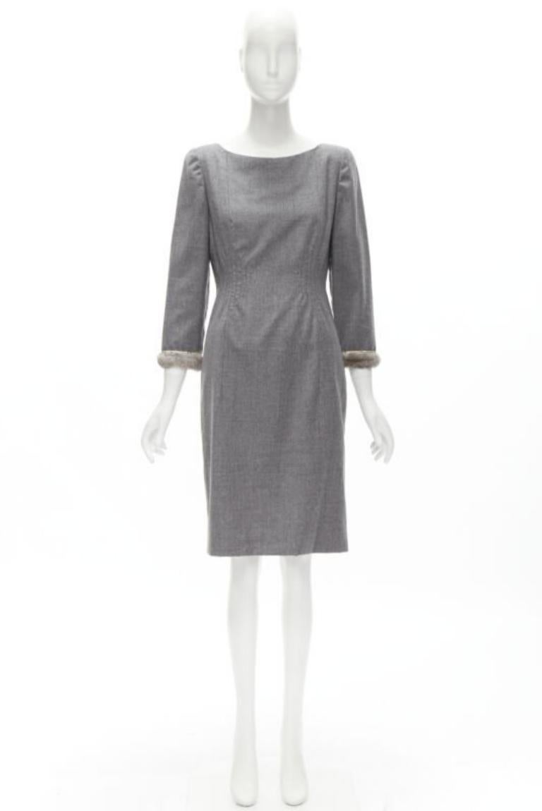 VALENTINO Vintage grey wool cashmere fur cuff pinched waist dress US8 M 7