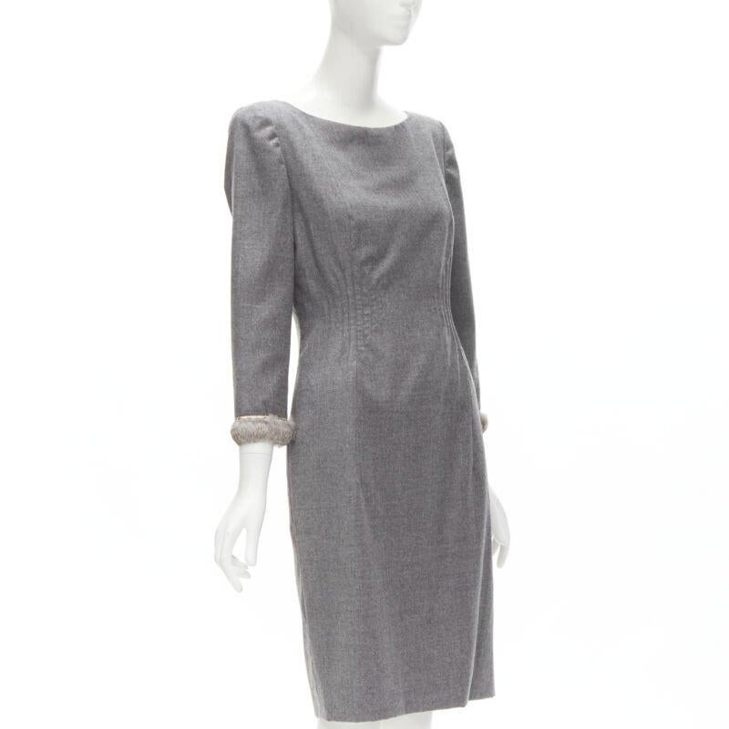 VALENTINO Vintage gris lana cachemira piel puño cintura pellizcado vestido US8 M Gris en venta