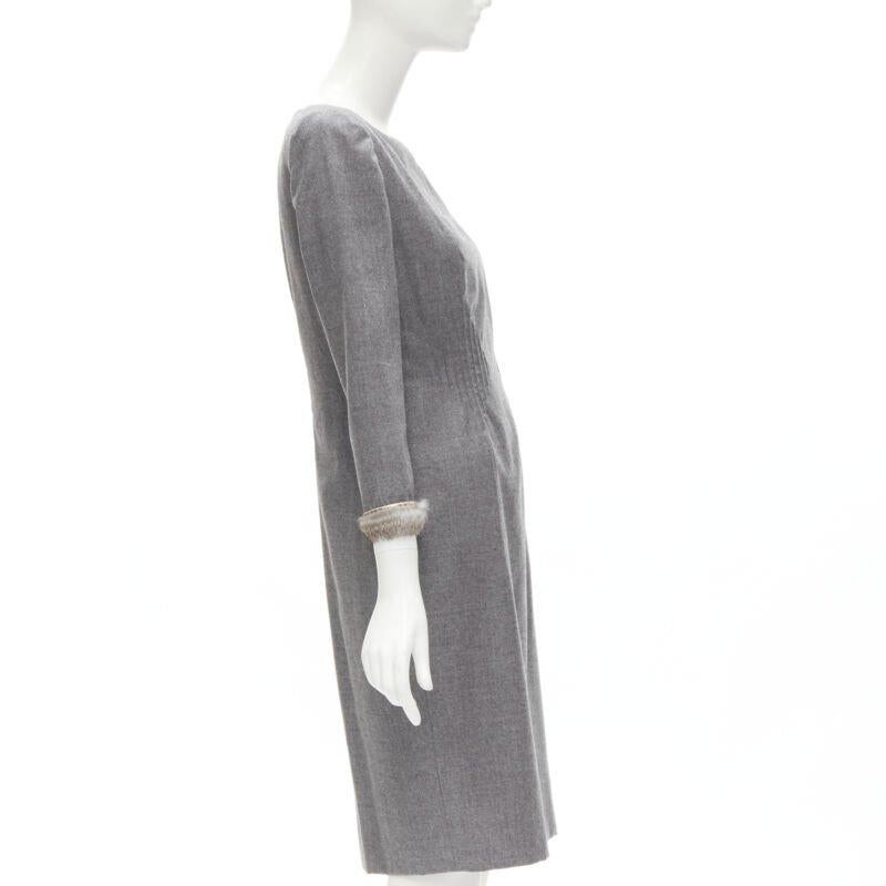 De las mujeres VALENTINO Vintage gris lana cachemira piel puño cintura pellizcado vestido US8 M en venta