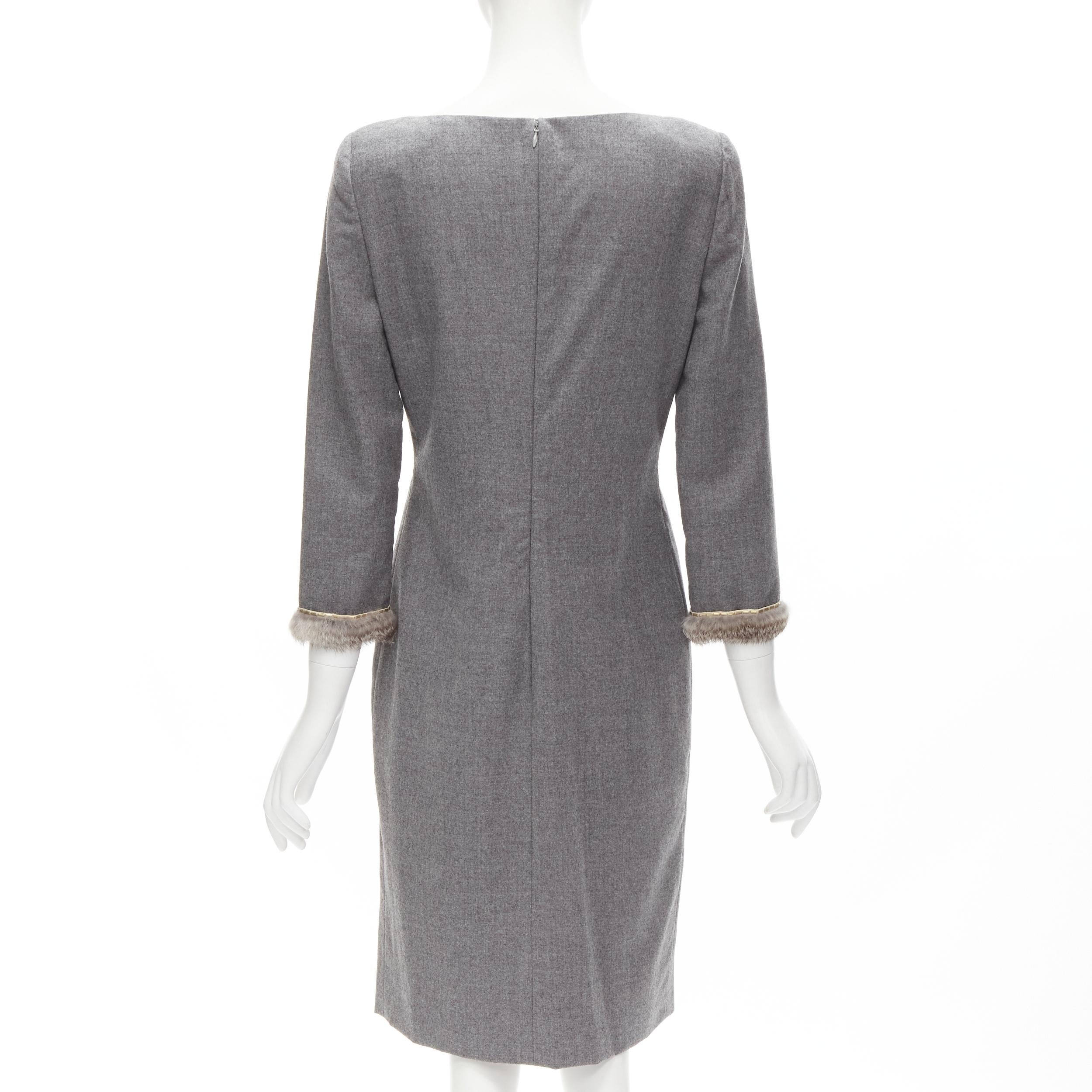 Gray VALENTINO Vintage grey wool cashmere fur cuff pinched waist dress US8 M For Sale