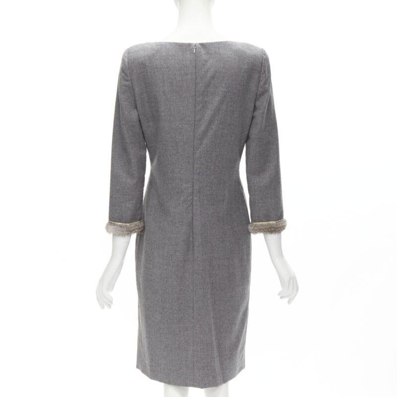 VALENTINO Vintage gris lana cachemira piel puño cintura pellizcado vestido US8 M en venta 1
