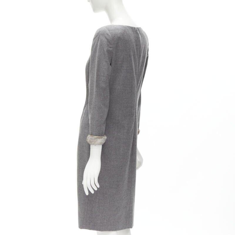 VALENTINO Vintage gris lana cachemira piel puño cintura pellizcado vestido US8 M en venta 2