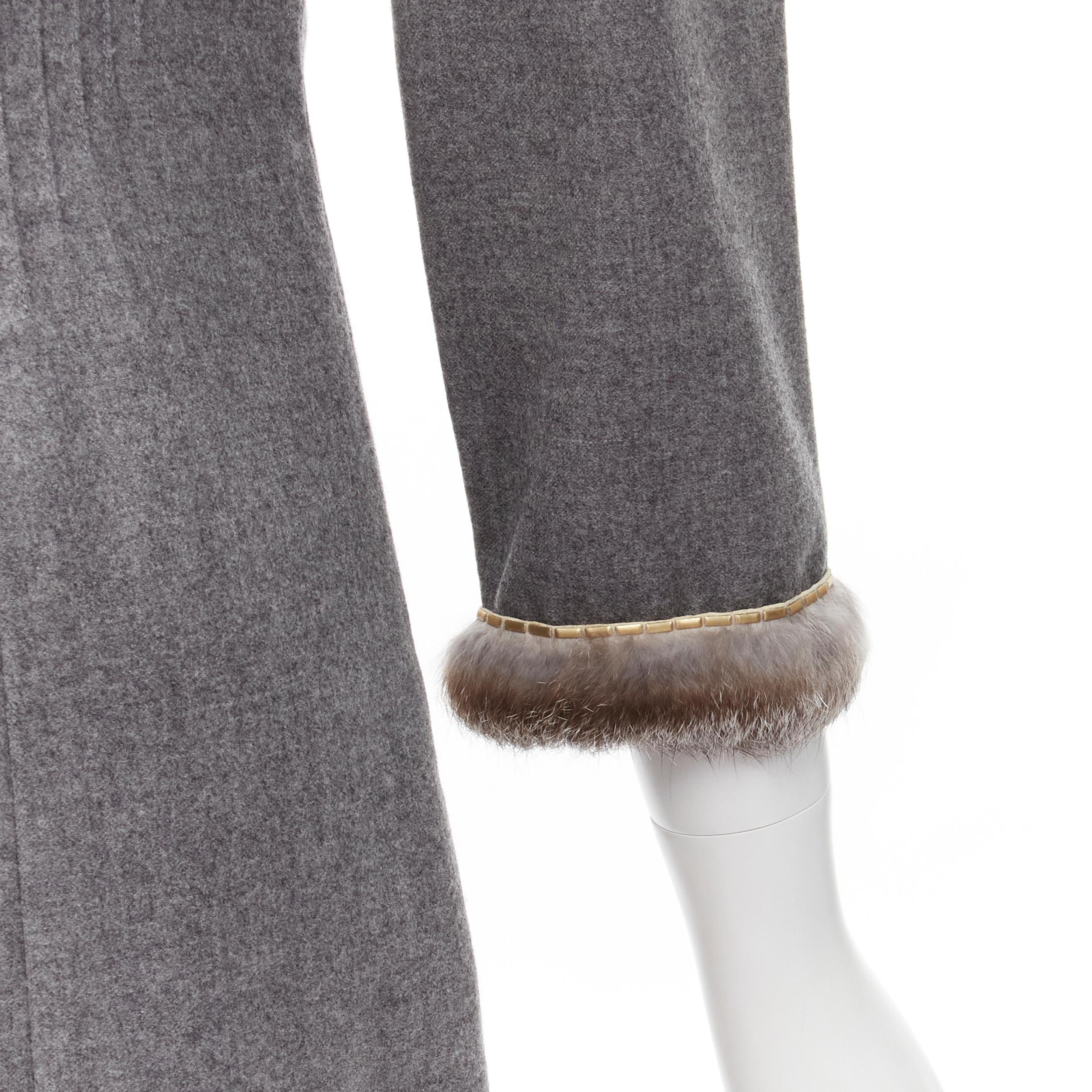 VALENTINO Vintage grey wool cashmere fur cuff pinched waist dress US8 M For Sale 1