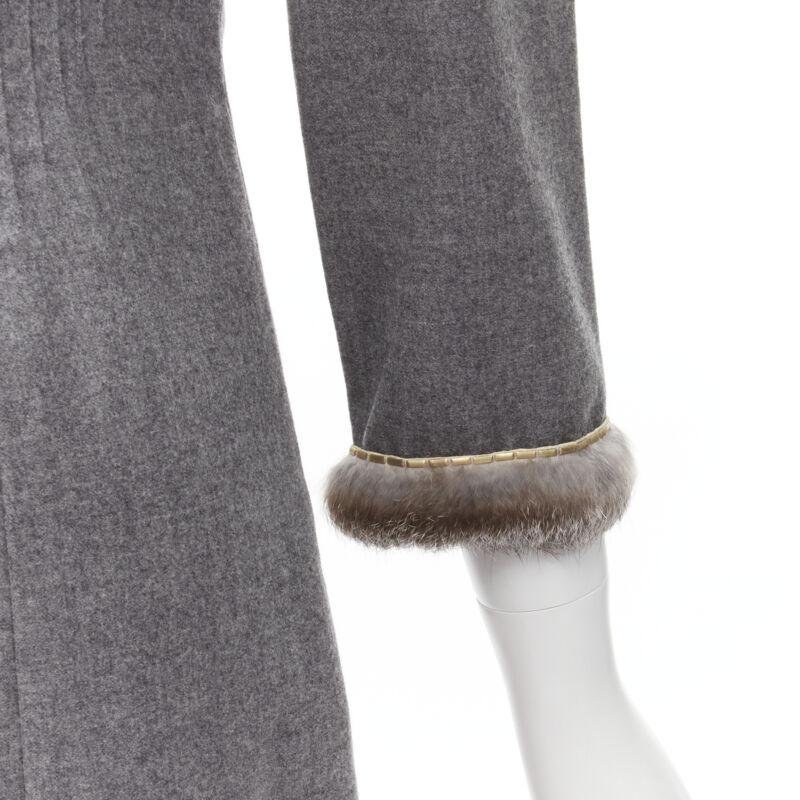 VALENTINO Vintage grey wool cashmere fur cuff pinched waist dress US8 M 4