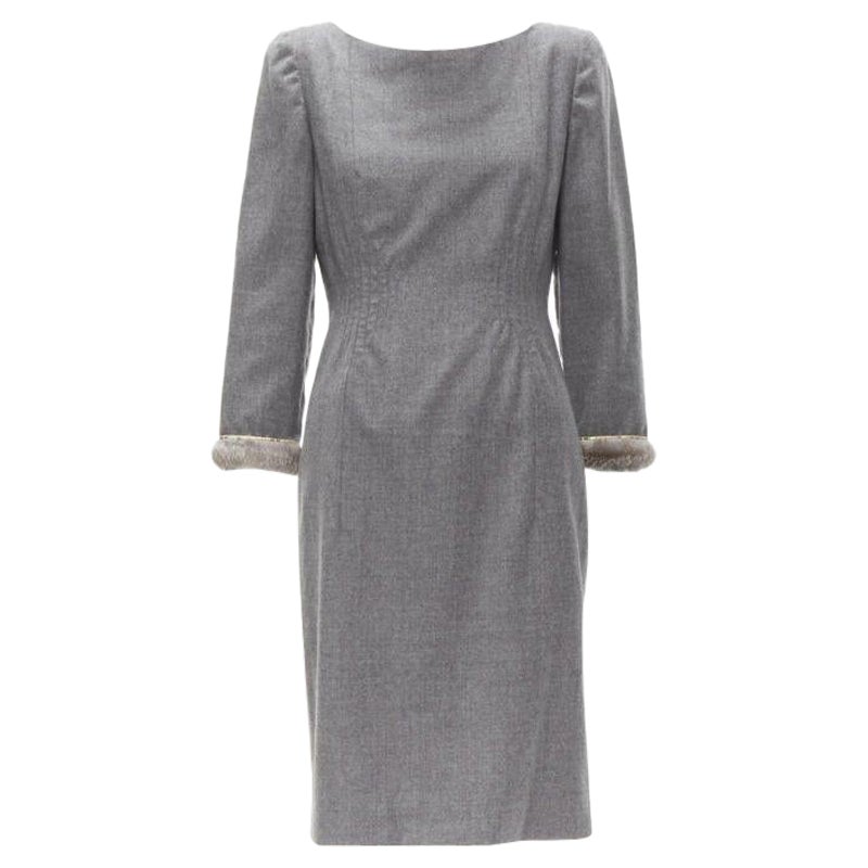 VALENTINO Vintage grey wool cashmere fur cuff pinched waist dress US8 M
