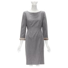 VALENTINO Vintage grey wool cashmere fur cuff pinched waist dress US8 M