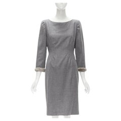 VALENTINO Vintage grey wool cashmere fur cuff pinched waist dress US8 M