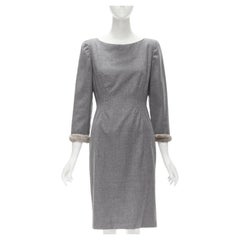 VALENTINO Vintage grey wool cashmere fur cuff pinched waist dress US8 M