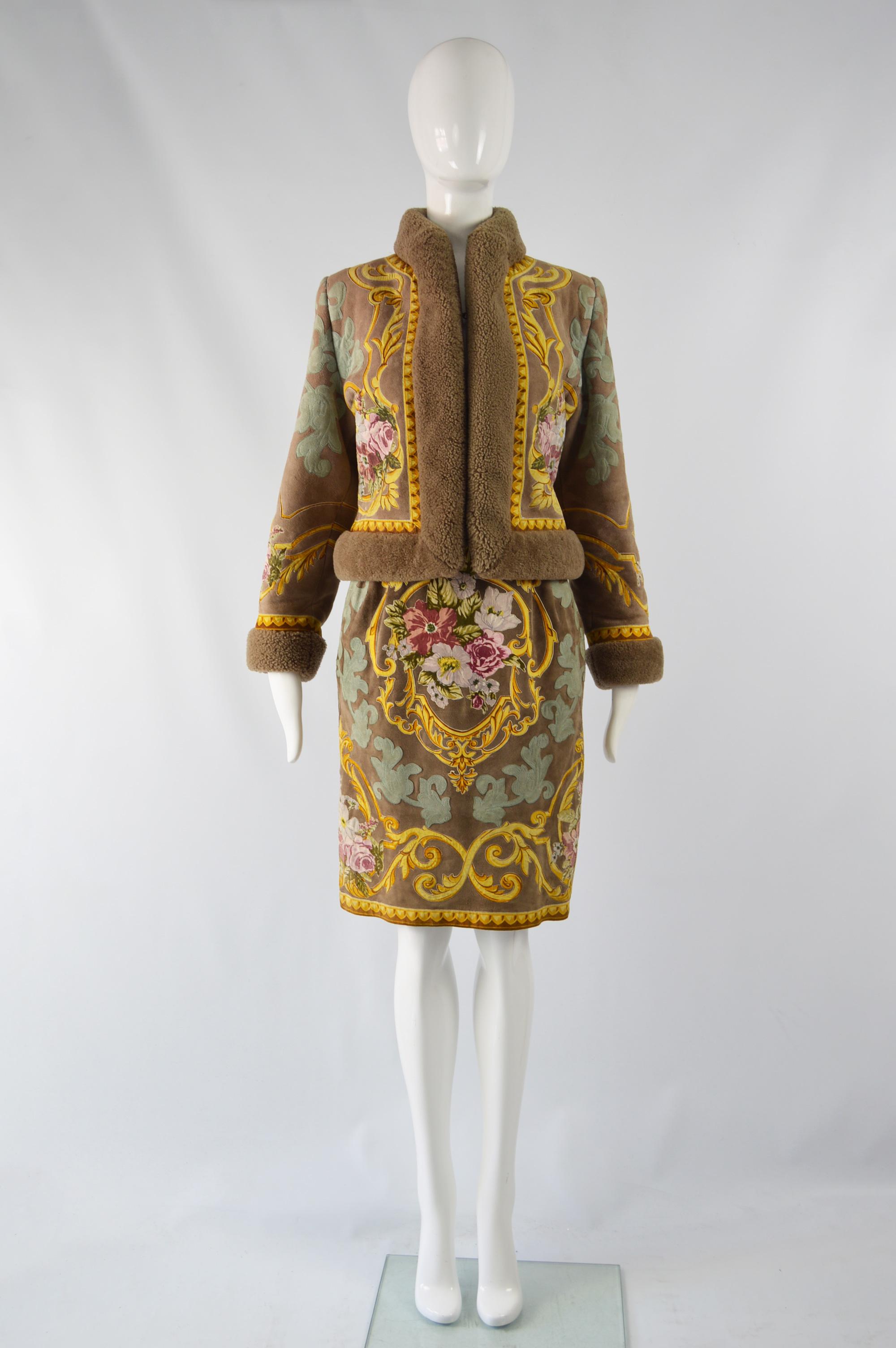 An incredibly Rare and luxurious, museum worthy 2 piece skirt suit by legendary fashion designer, Valentino. In a brown sheepskin with beautiful leather appliques creating a baroque floral print with a warm shearling lining. The fitted silhouette of