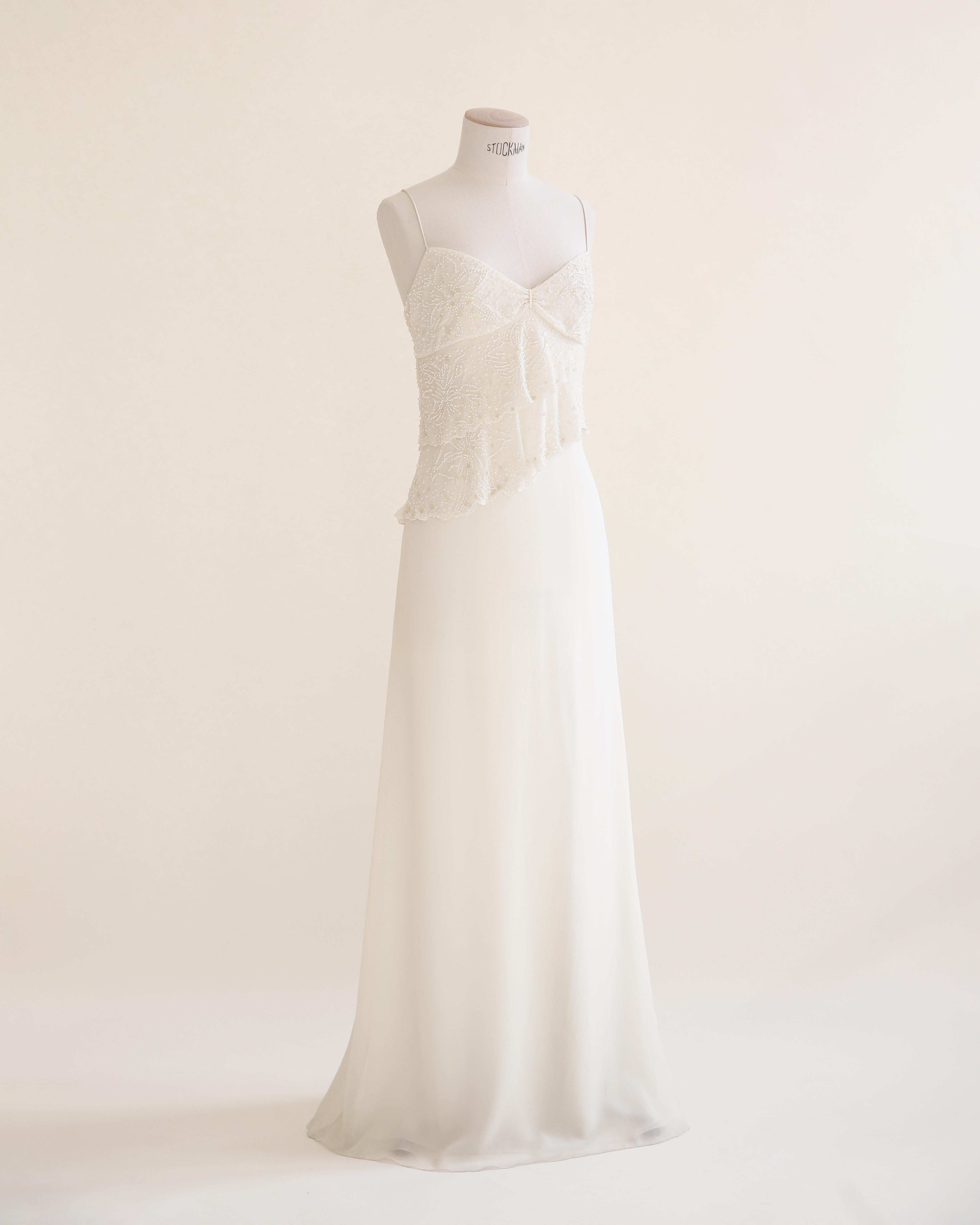 Gray Valentino vintage ivory ruffle beaded silk bridal wedding slip maxi dress gown