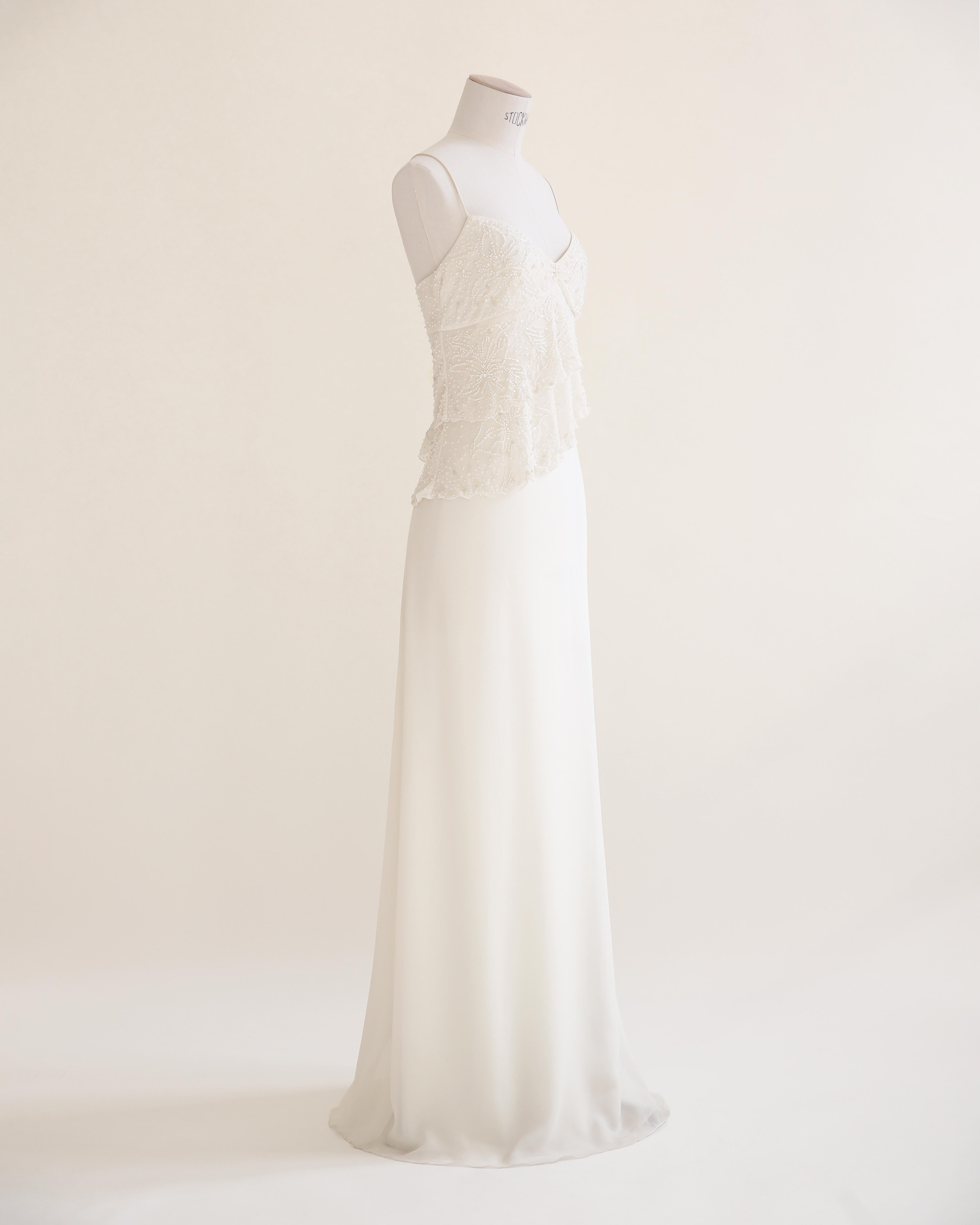 Valentino vintage ivory ruffle beaded silk bridal wedding slip maxi dress gown In Good Condition In Milano, Lombardia