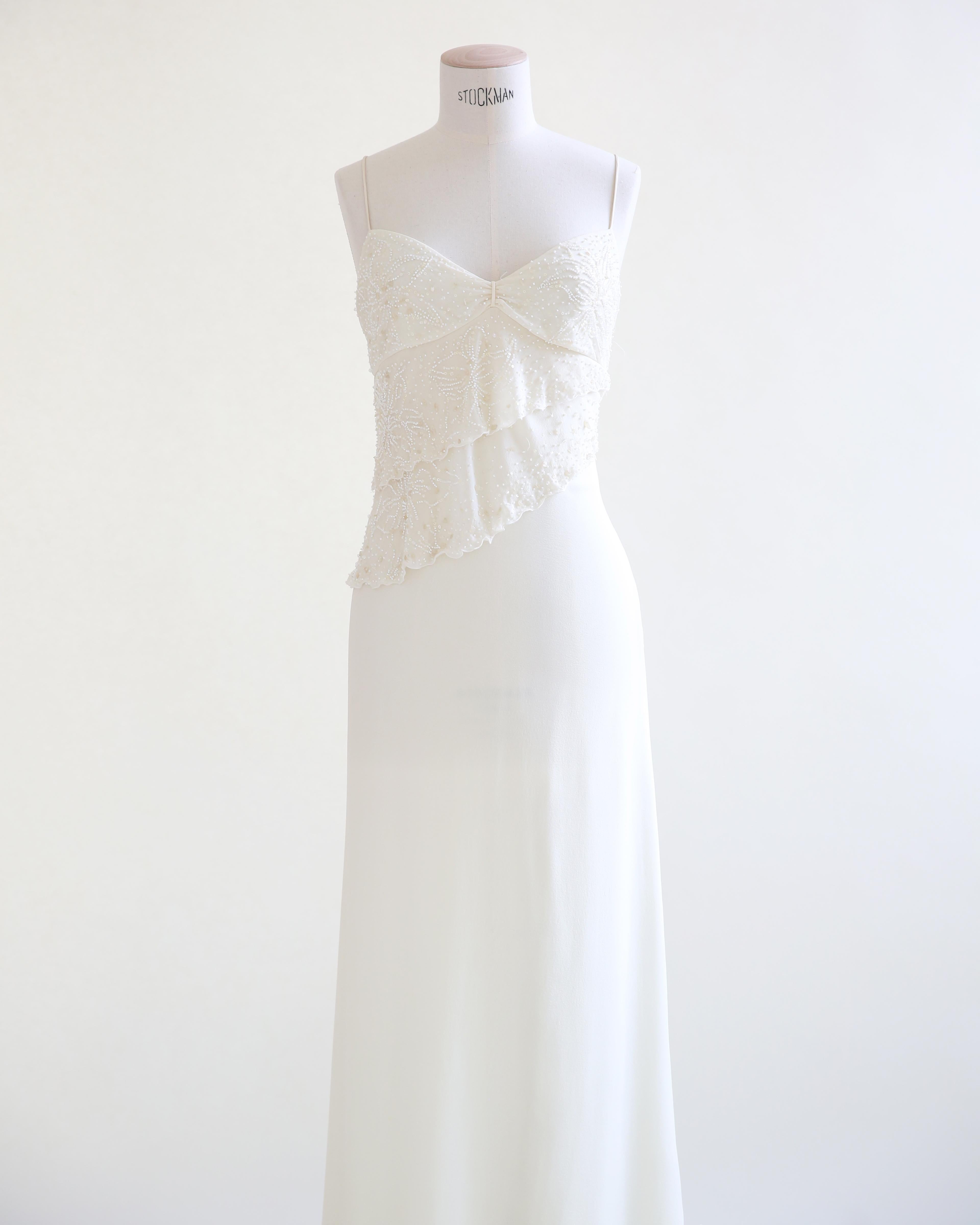 Women's Valentino vintage ivory ruffle beaded silk bridal wedding slip maxi dress gown