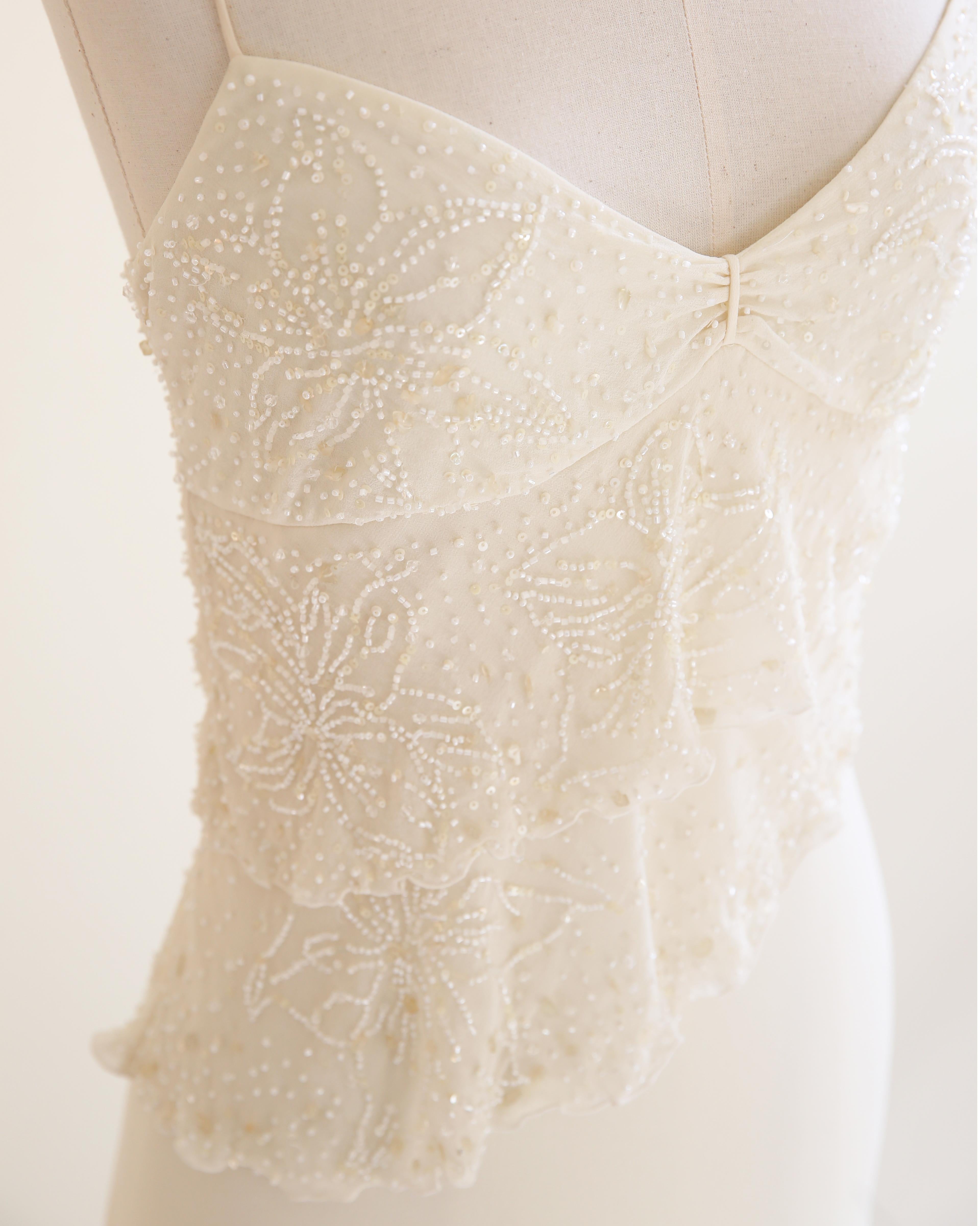 Valentino vintage ivory ruffle beaded silk bridal wedding slip maxi dress gown 2