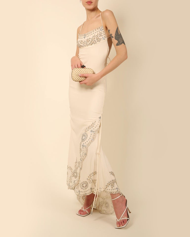 1990s Valentino Trained Backless Ivory Silk Dress w Sequin & Bead Detail