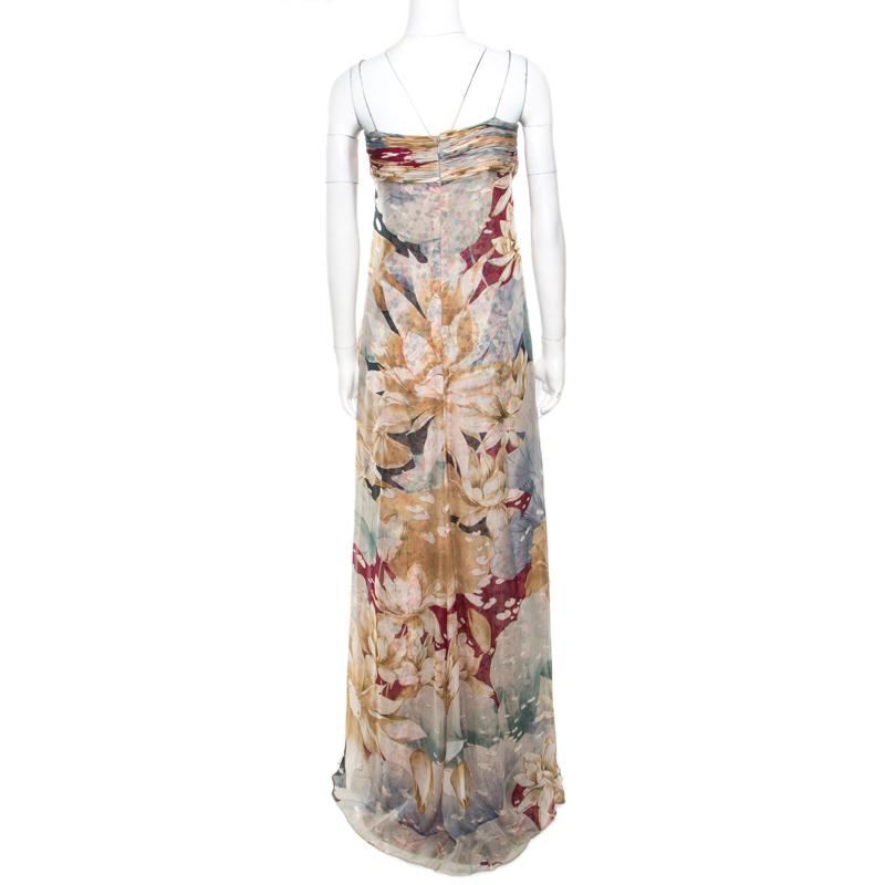 Beige Valentino Vintage Multicolor Floral and Hexagon Print Layered Silk Chiffon Gown 