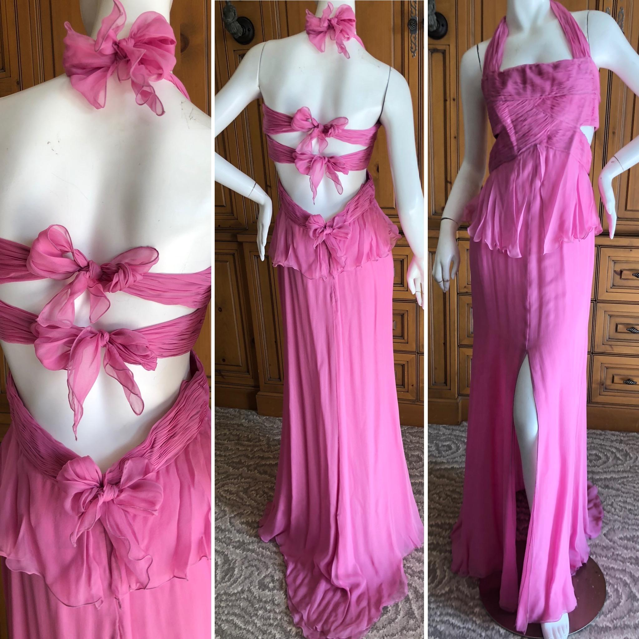 Valentino Vintage Pink Silk Evening Dress with Bow Tie Back.
The ties in the back are hand tied, they are not sewn in to bows.
So pretty . Much prettier in person, this was hard to capture in a photo.
Size 6 
Bust  36