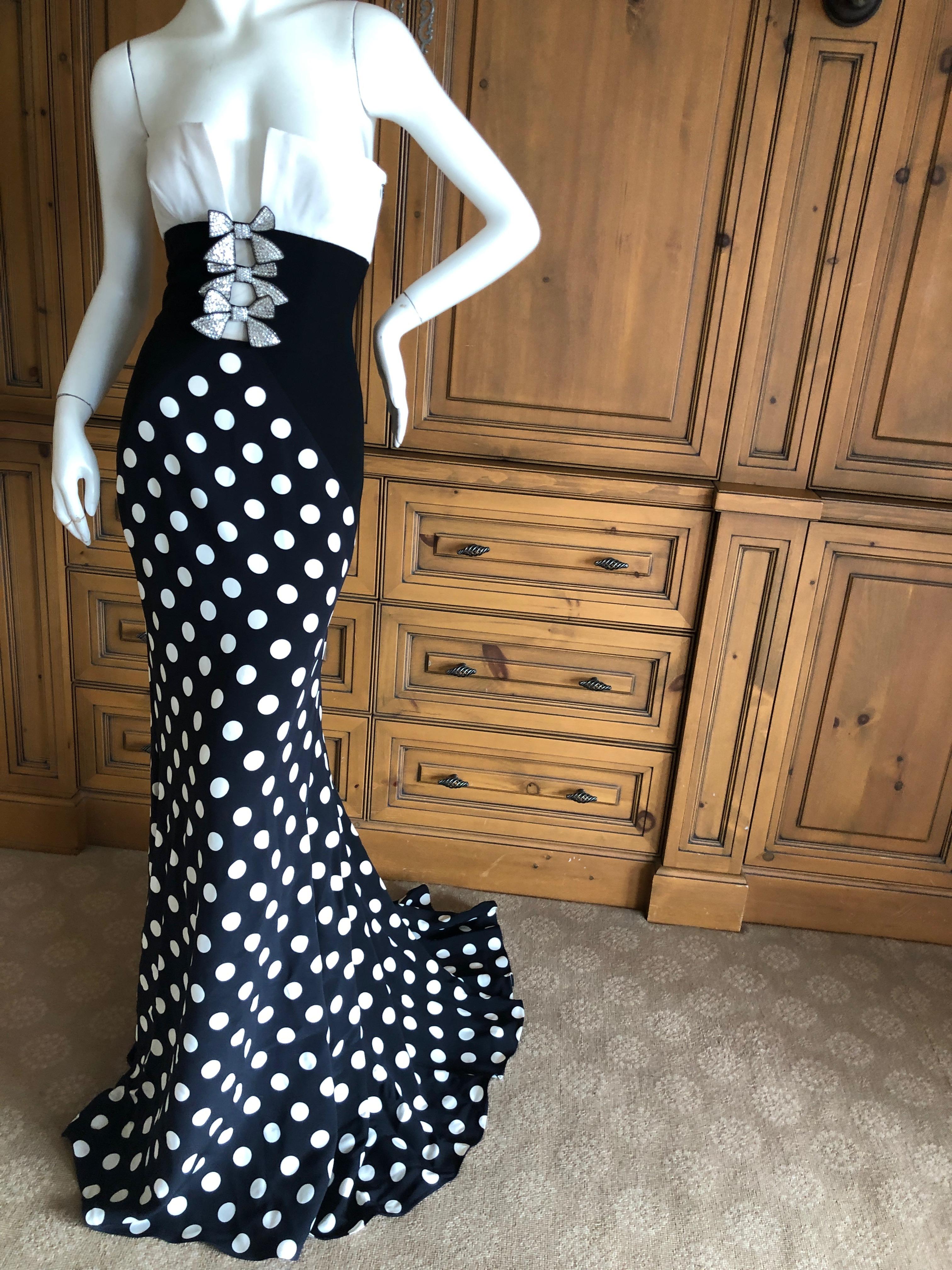 Valentino Vintage Polka Dot Strapless Mermaid Dress with Train and Crystal Bows.
New with tags
So pretty , the bows have sheer netting between them giving a peek a boo effect.
Size 6
Bust  34