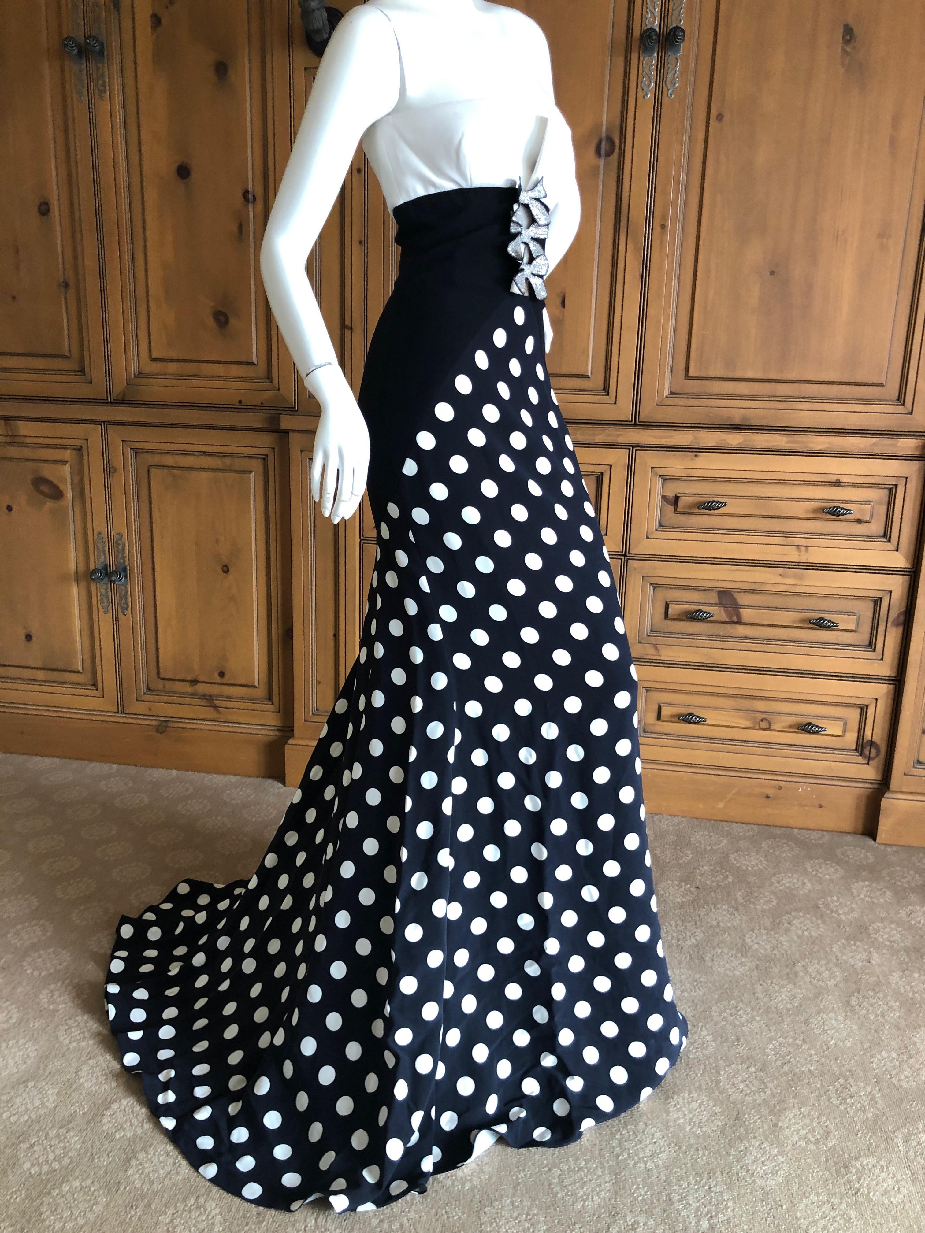 Valentino Vintage Polka Dot Strapless Mermaid Dress with Train and Crystal Bows For Sale 2
