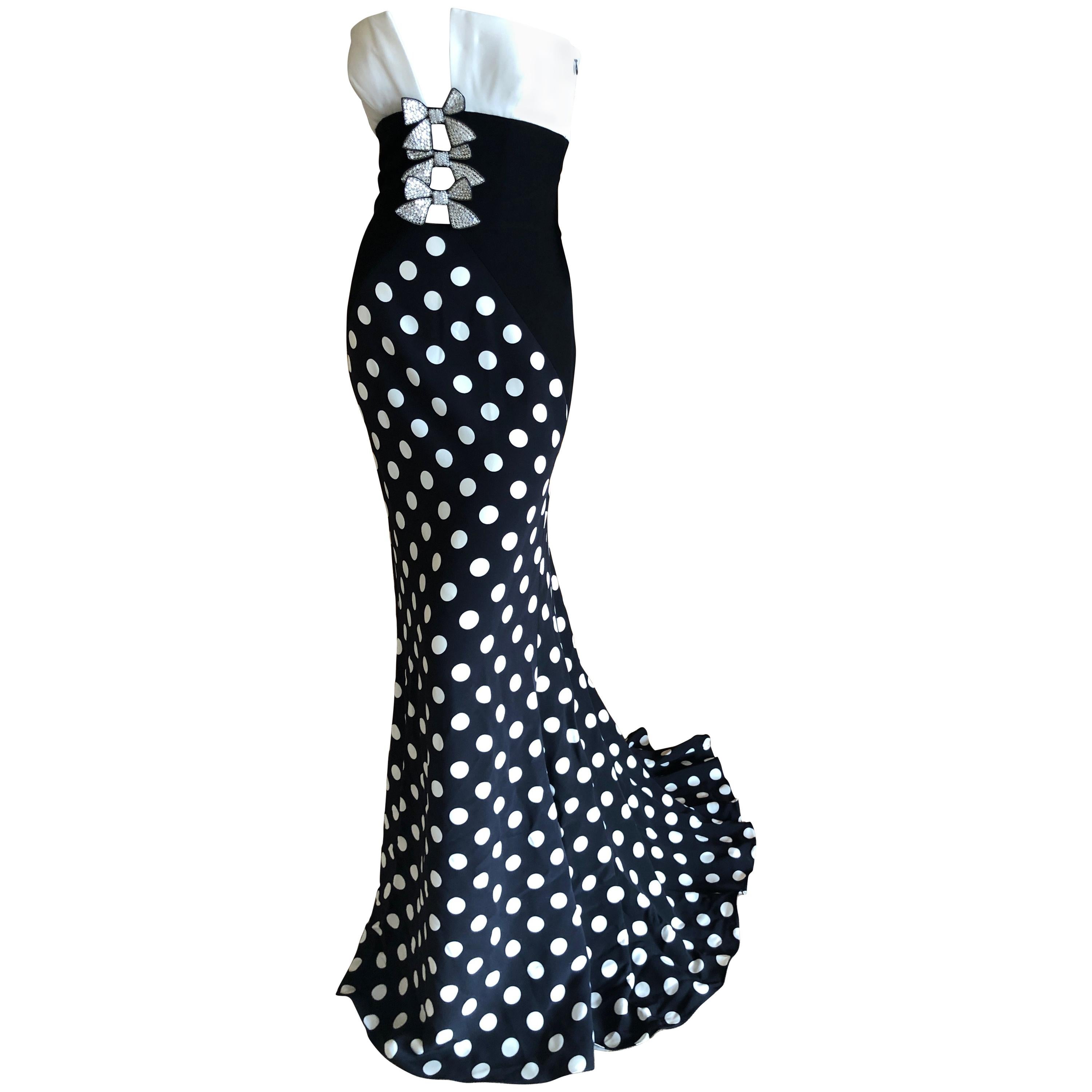 Valentino Vintage Polka Dot Strapless Mermaid Dress with Train and Crystal Bows For Sale