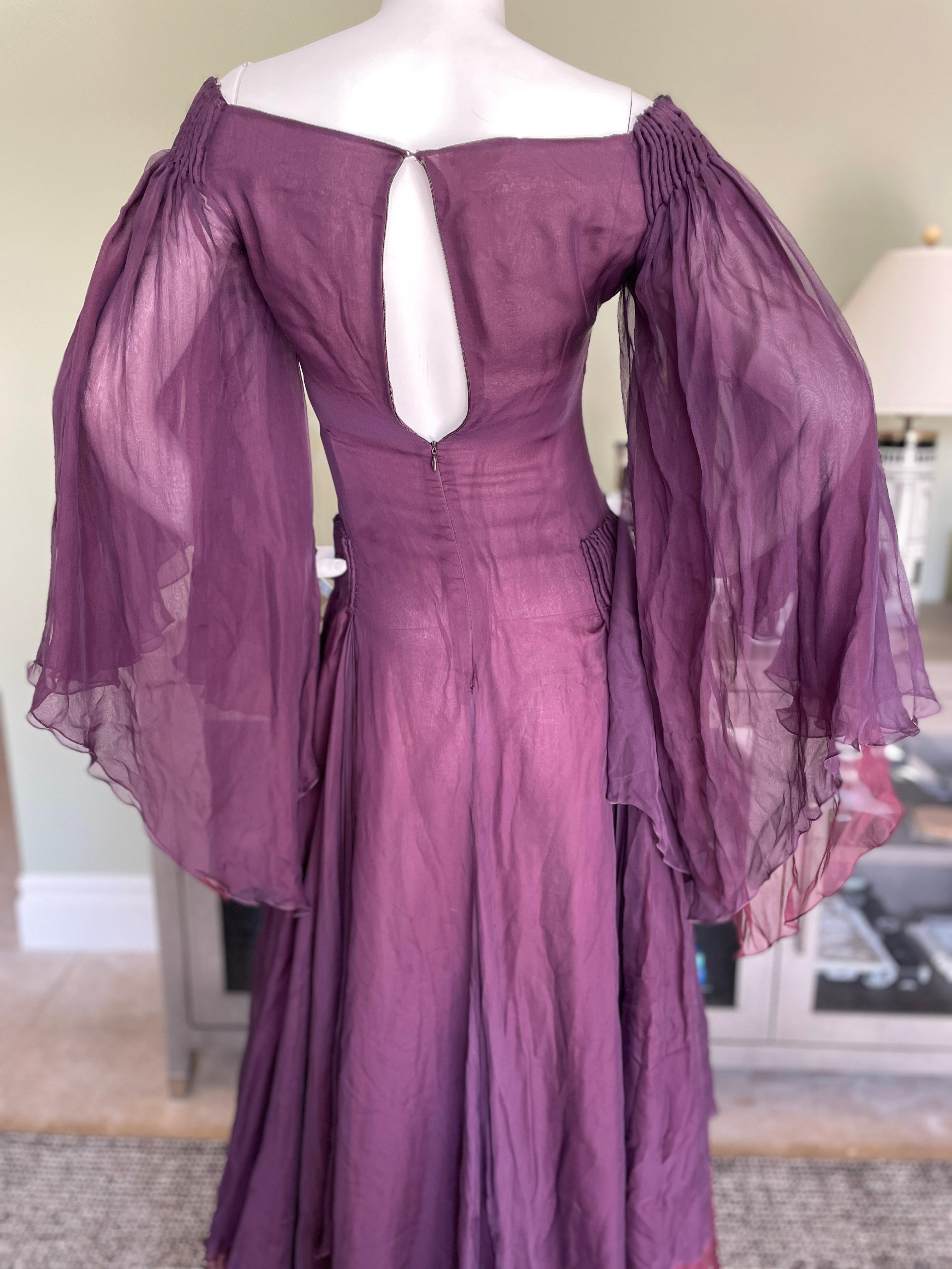 Valentino Vintage Purple Silk Chiffon Evening Dress with Flutter Sleeves NWT 1