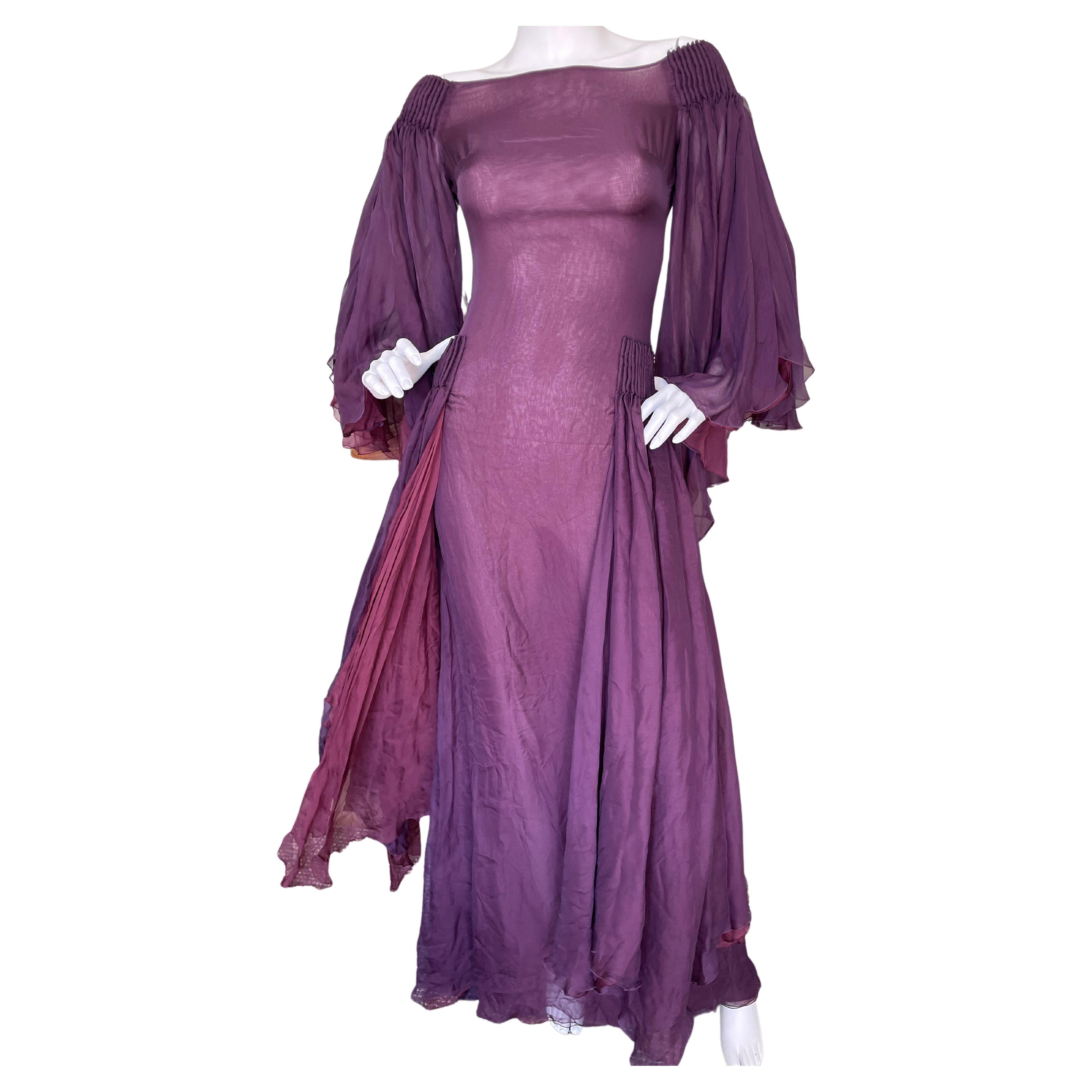 Valentino Vintage Purple Silk Chiffon Evening Dress with Flutter Sleeves NWT