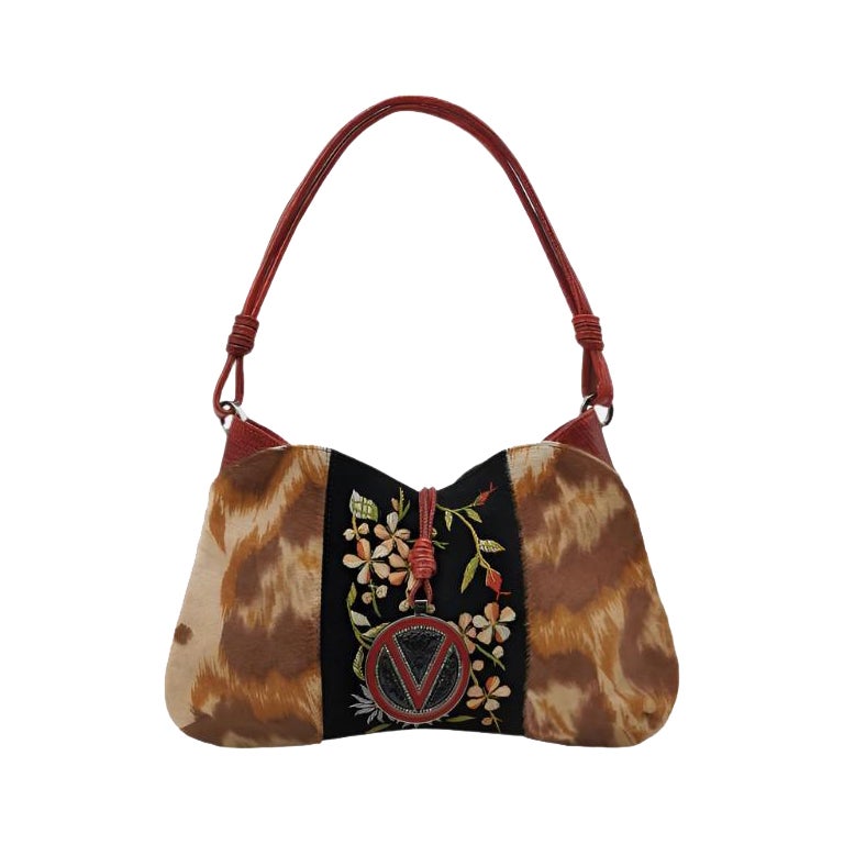 Valentino Vintage Red Leopard Print Pony-style Calfskin Embroidered Shoulder Bag For Sale