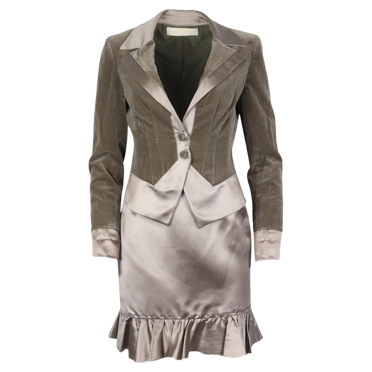 Valentino Vintage Satin Trimmed Velvet Skirt Suit Uk 8