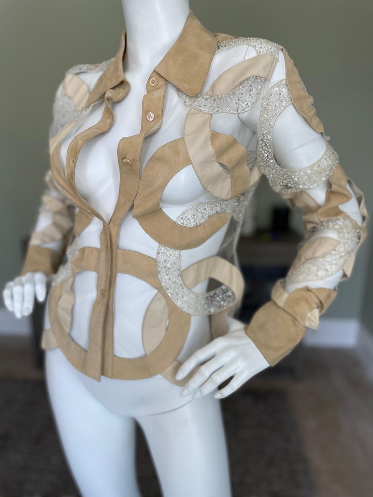 Valentino Vintage Sheer Tulle Suede and Leather Embellished Evening Jacket In Good Condition For Sale In Cloverdale, CA