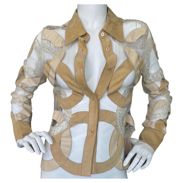 Valentino Vintage Sheer Tulle Suede and Leather Embellished Evening Jacket For Sale