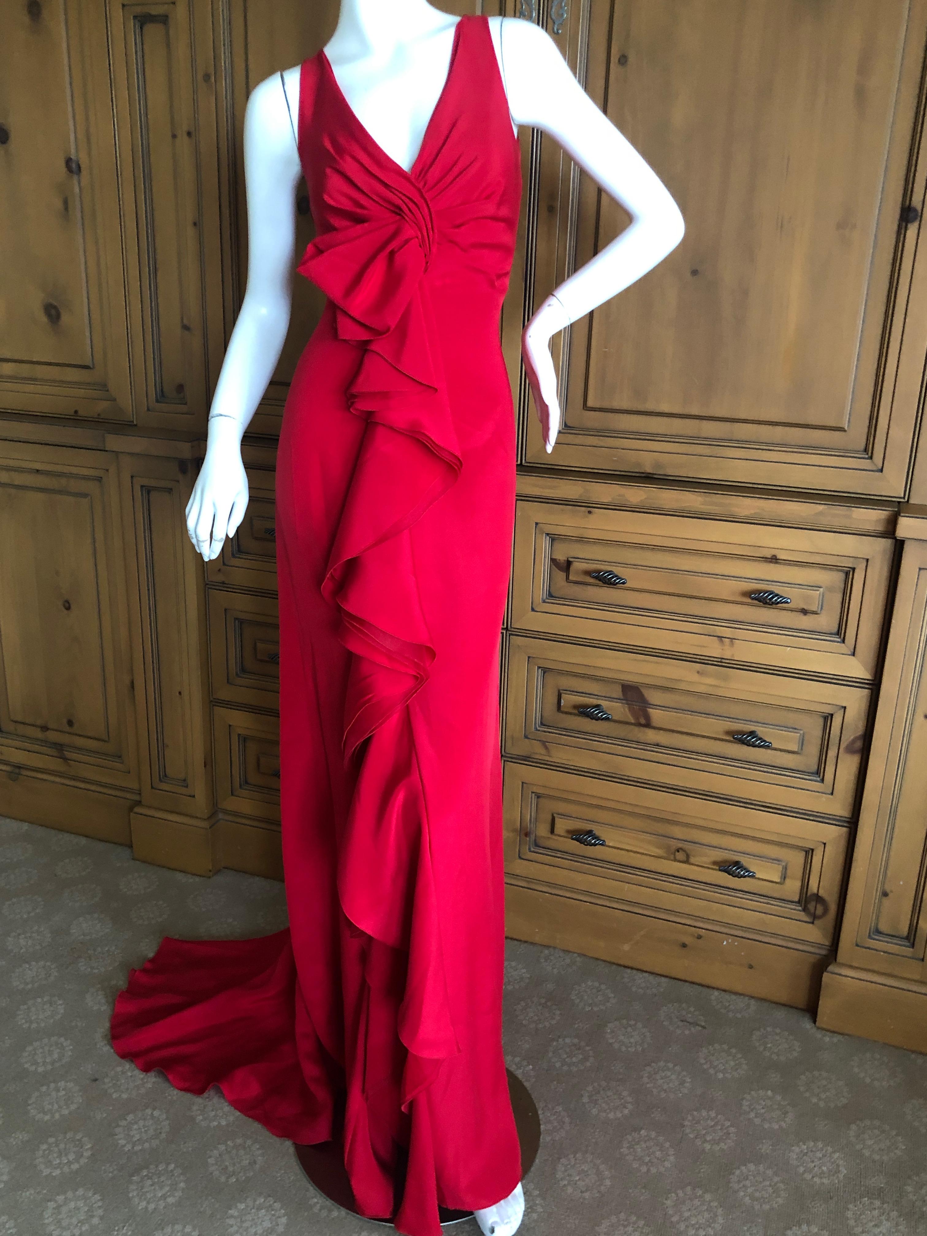 Valentino Vintage Signature Red Low Cut Silk Chiffon Evening Dress with Train
This is such a charming piece.
Size 8

Bust  36
