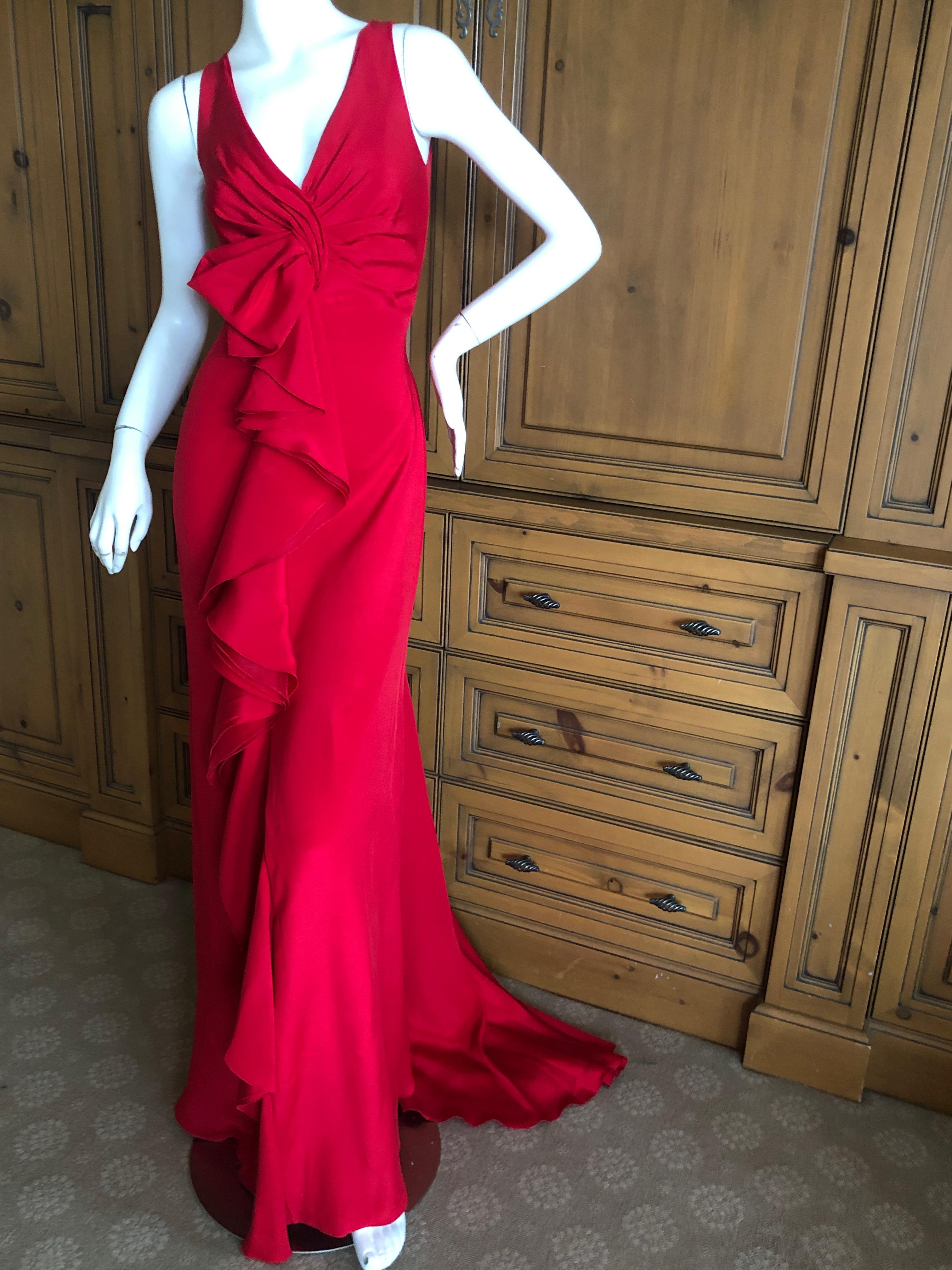 Women's Valentino Vintage Signature Red Low Cut Silk Chiffon Evening Dress with Train For Sale